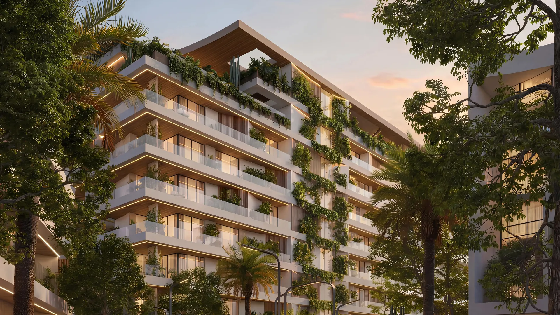 Haven at Lunaya Terraces – pastato balkonai su žaluma saulėlydžio šviesoje