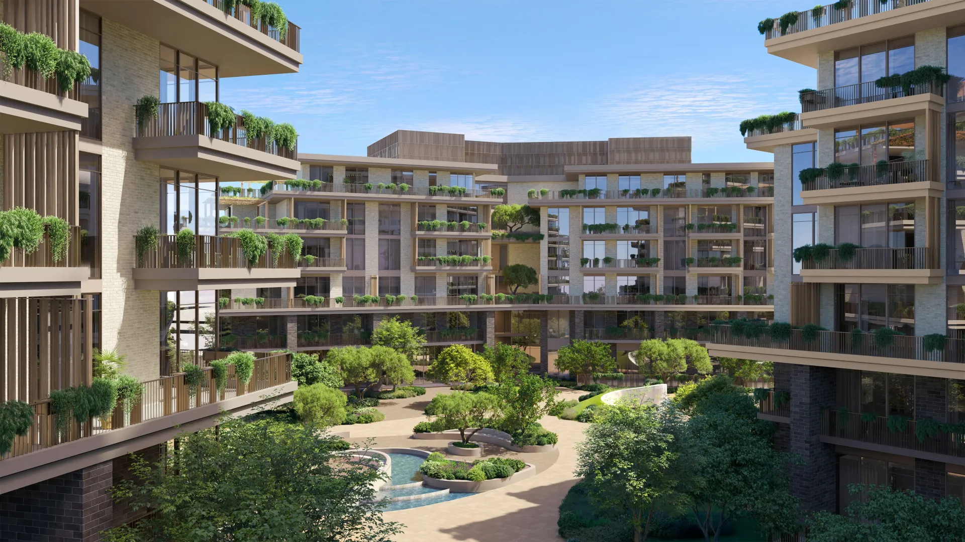 Arancia Yards 2 – žemi pastatai su balkonais ir žaluma saulėlydžio metu
