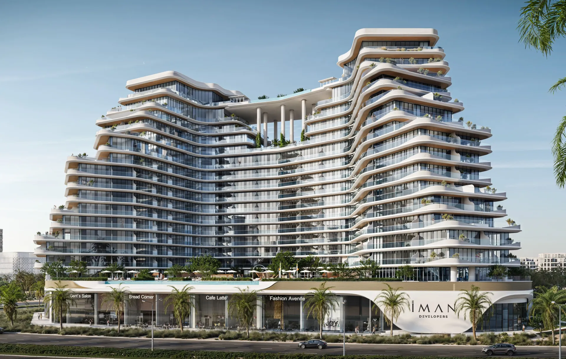 15 Cascade – banguojančio fasado kompleksas su baseinu Dubai Motor City