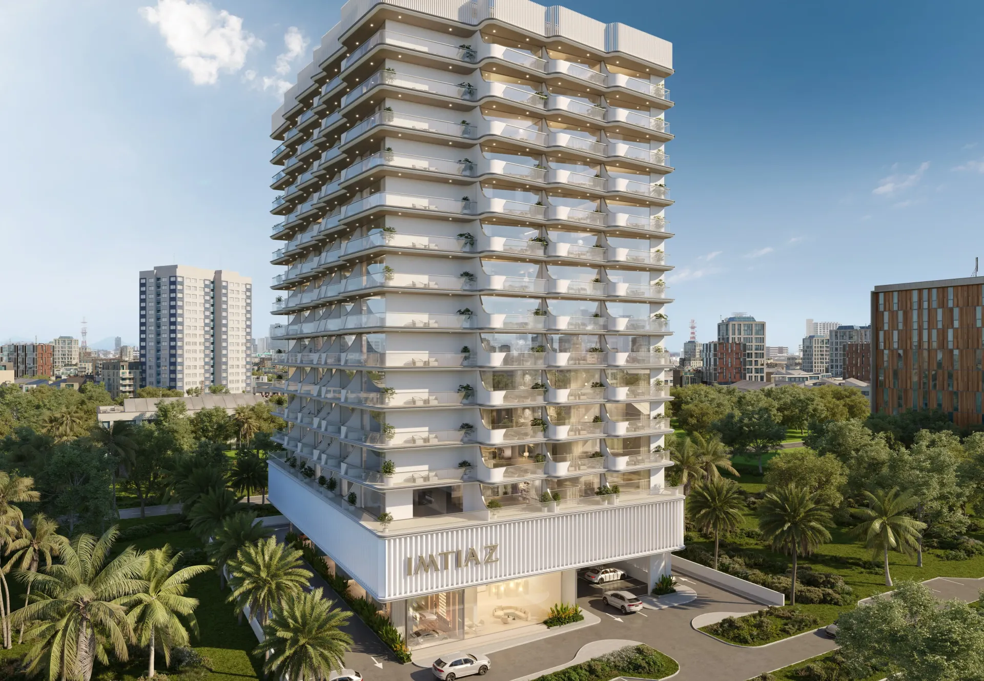Cove Edition 2 by Imtiaz Developments – gyvenamasis bokštas su balkonais ir palmėmis Dubailand rajone