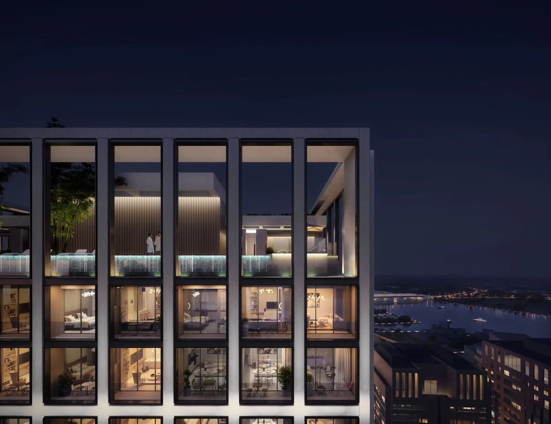 Binghatti Twilight – apšviestas pastato fasadas naktį Al Jaddaf Waterfront