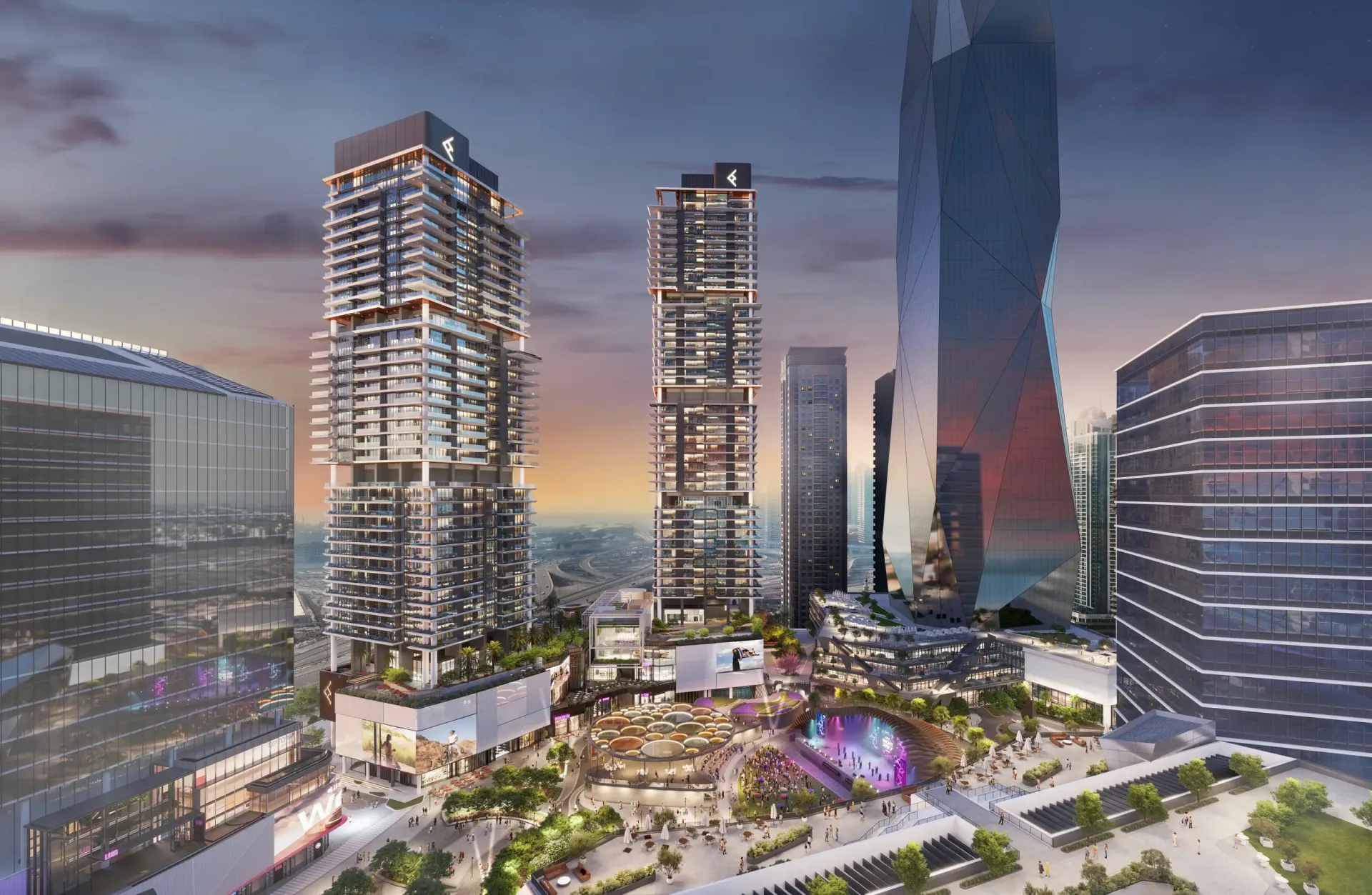 Mercer House – du Ellington bokštai Jumeirah Lake Towers saulėlydžio šviesoje