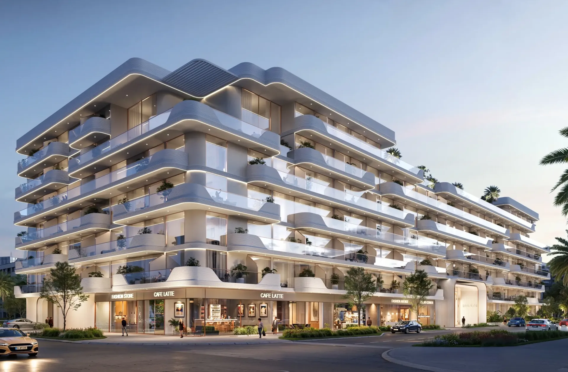 Oxford Cove – baltas banguotų formų pastatas su balkonais saulėlydžio šviesoje