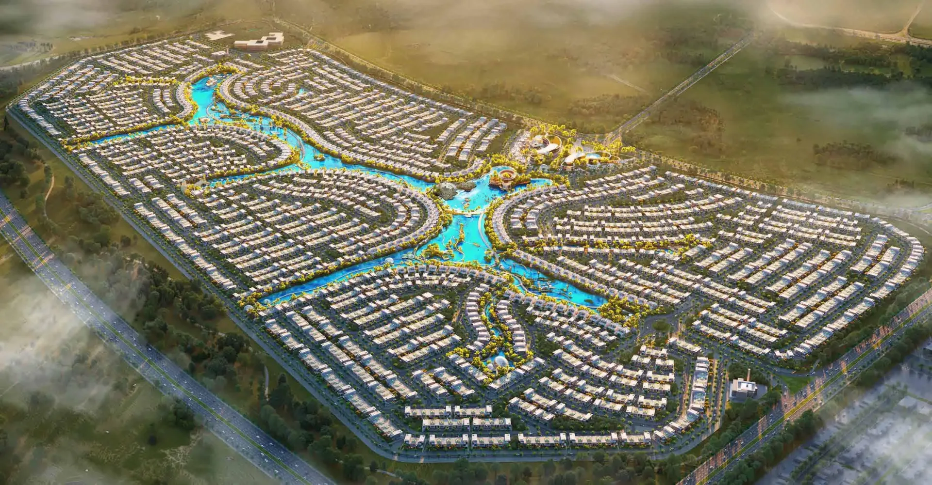 Damac Islands 2 – Bahamas 2 – vaizdas iš viršaus į namų kvartalą su lagūnomis