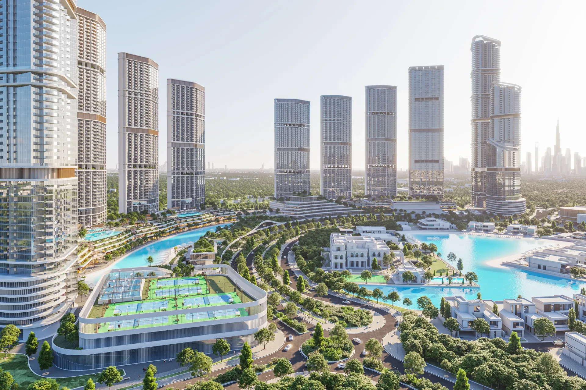 310 Riverside Crescent – bokšto fasadas su balkonais iš apačios