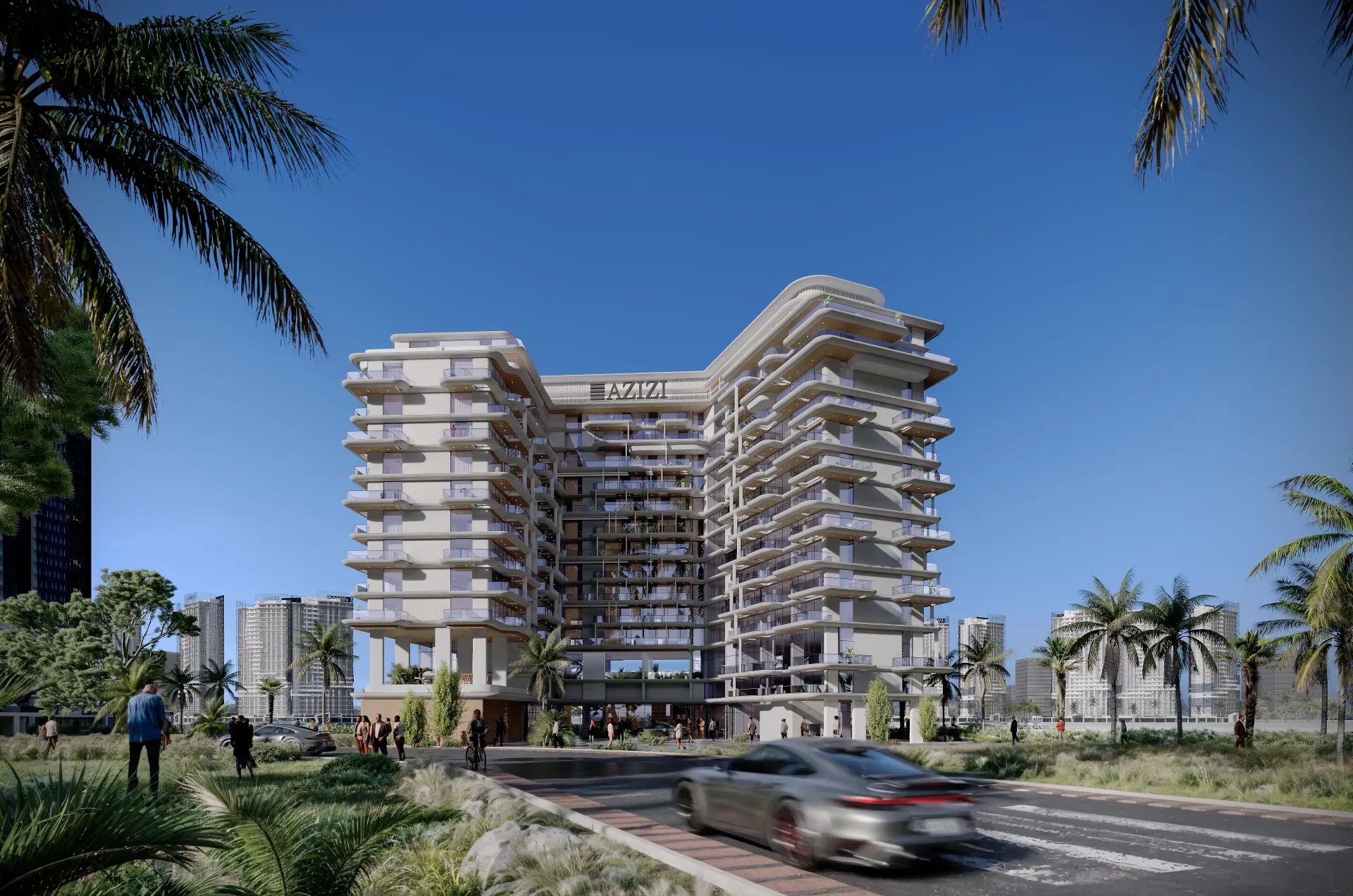 Azizi Wasel – baltas pakopinis pastatas su lenktais balkonais Dubai Islands