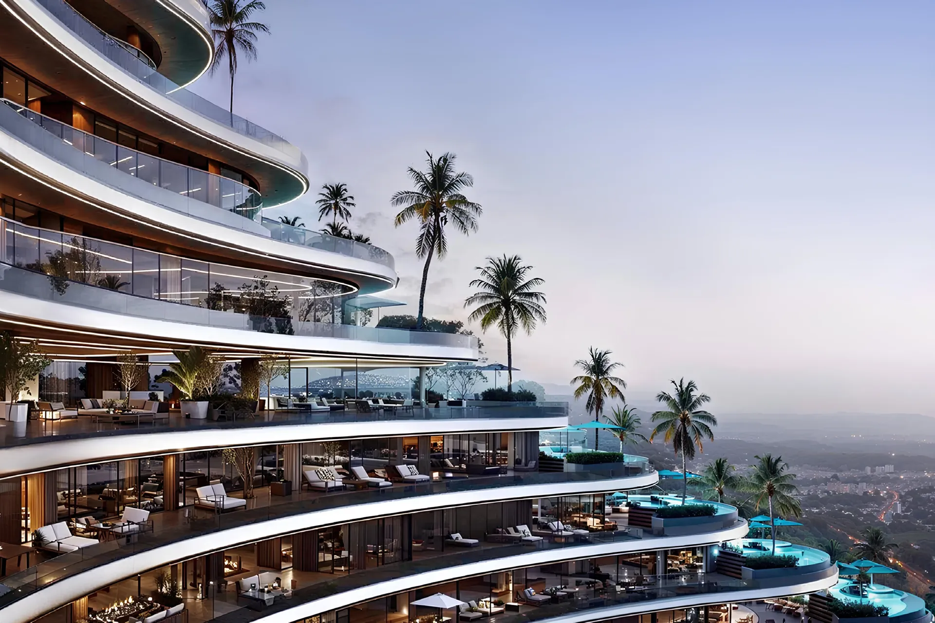 Binghatti Skyflame Tower 2 – bokštas su apšviestomis horizontaliomis terasomis naktį