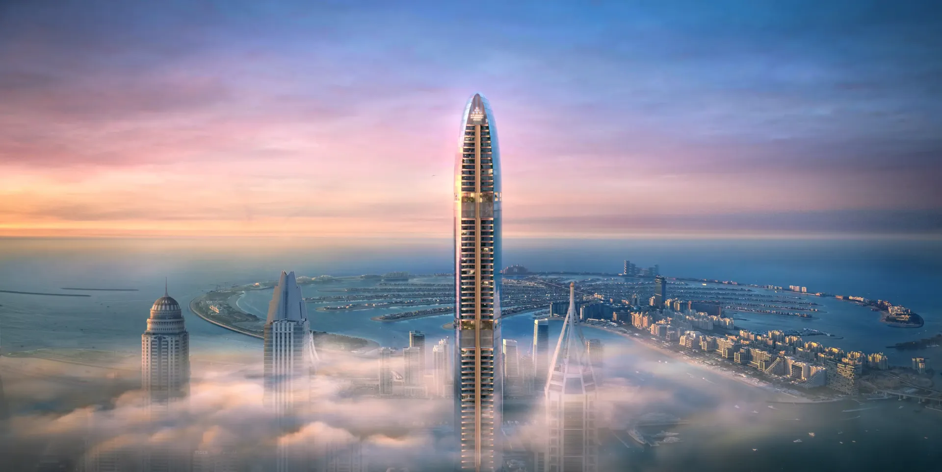 Six Senses Residences – aukštas liekno stiklinio bokšto siluetas tarp Dubai Marina dangoraižių