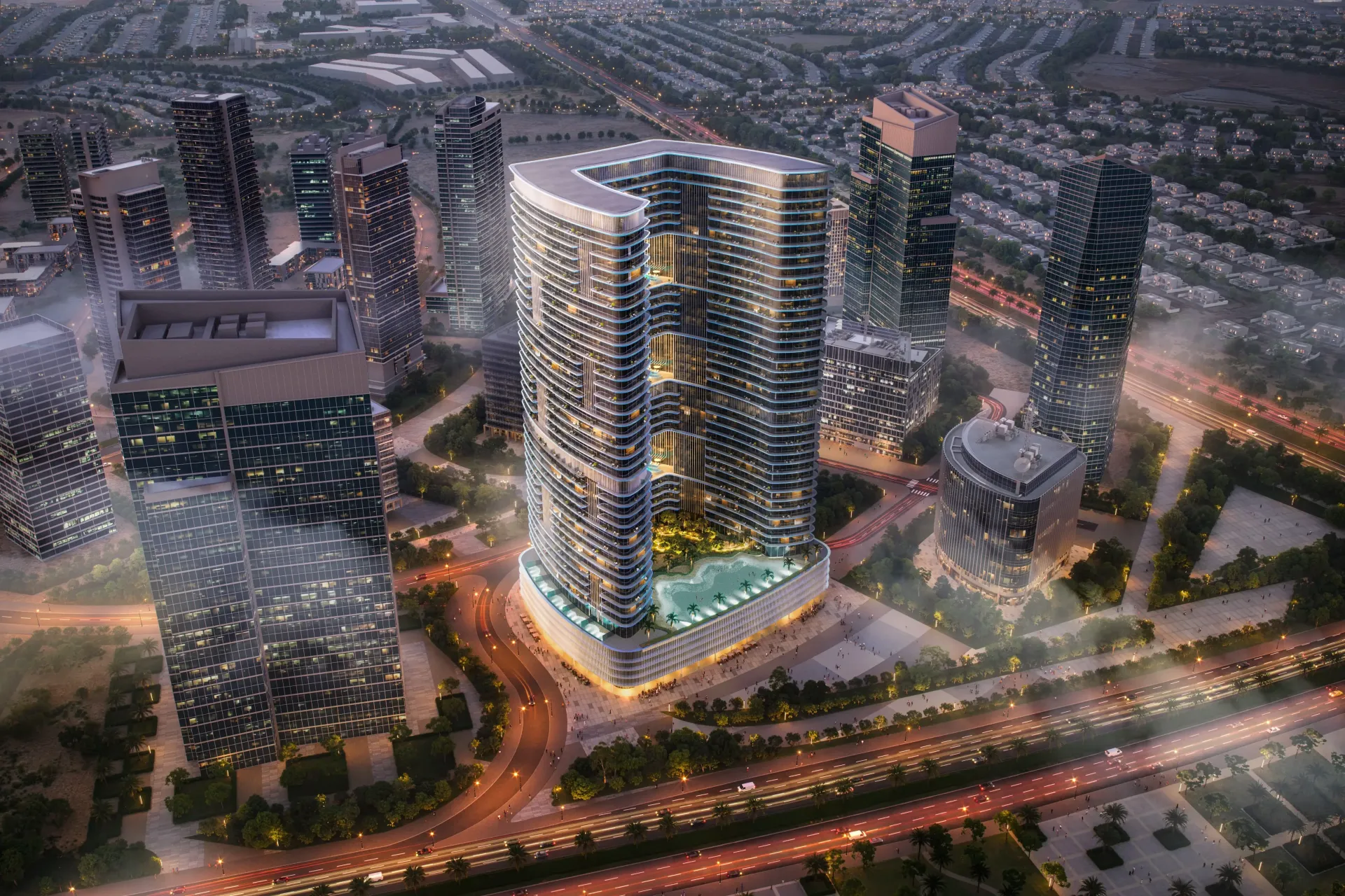 Binghatti HillViews – apšviestas gyvenamasis bokštas Dubai Science Park prieblandoje
