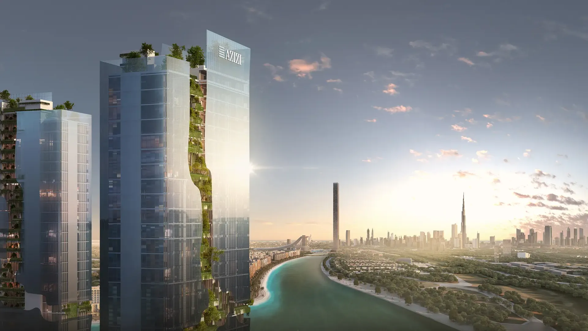 Riviera Rêve bokštai su vertikaliu apželdinimu ir Dubajaus panorama saulėlydyje