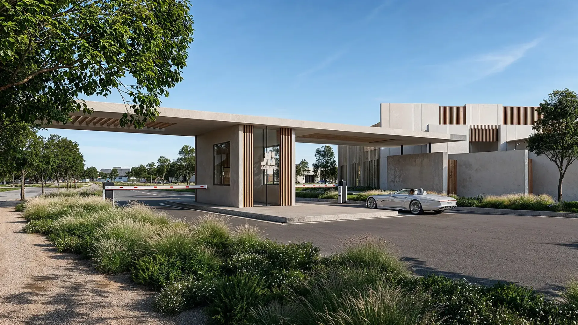 Yas Riva Reserve – bendruomenės įvažiavimo vartai su šiuolaikiška architektūra Yas Island, Abu Dabyje