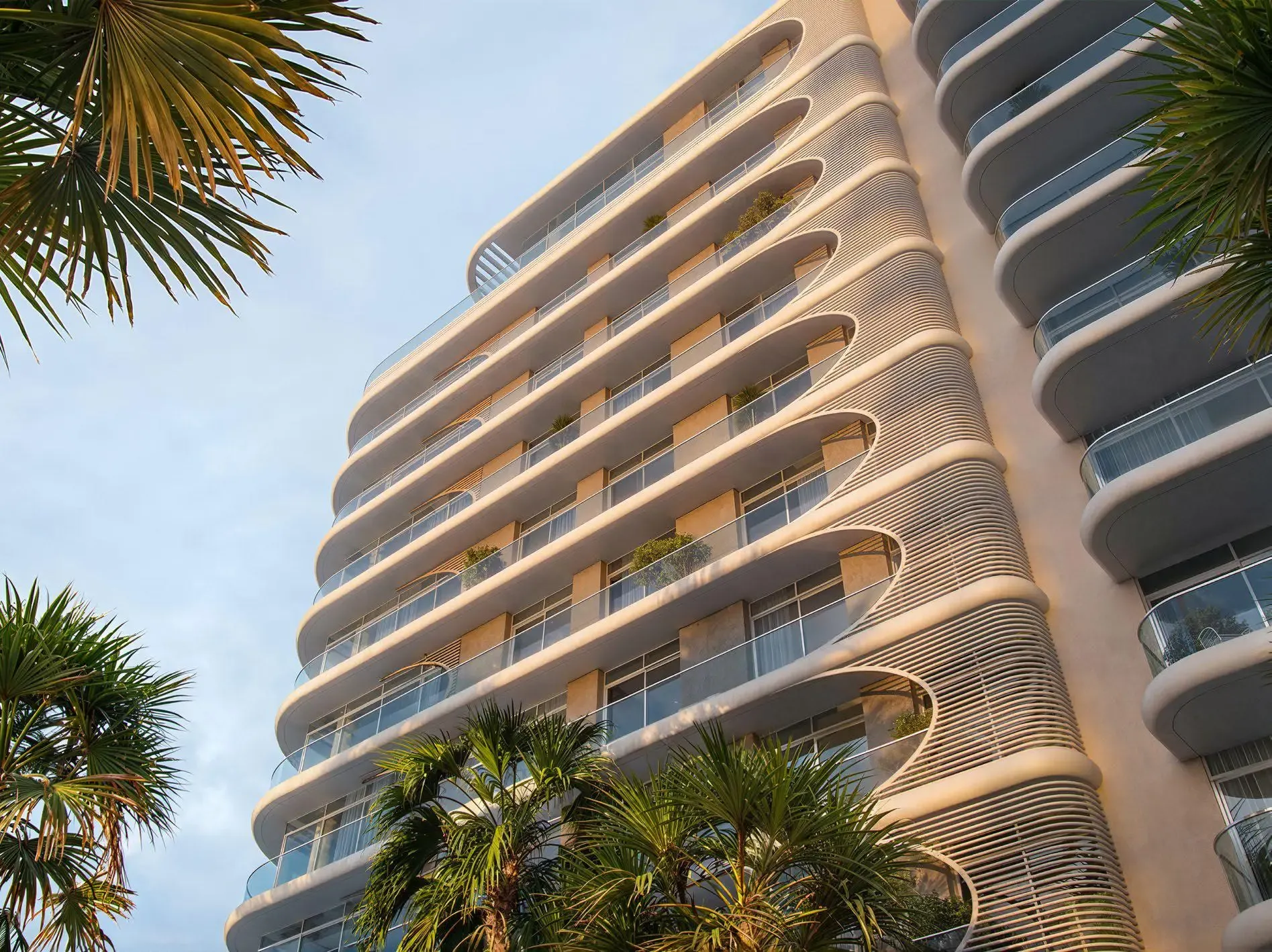 Fahid Beach Terraces – pastatas su banguojančiais balkonais tarp palmių Fahid Island, Abu Dabyje