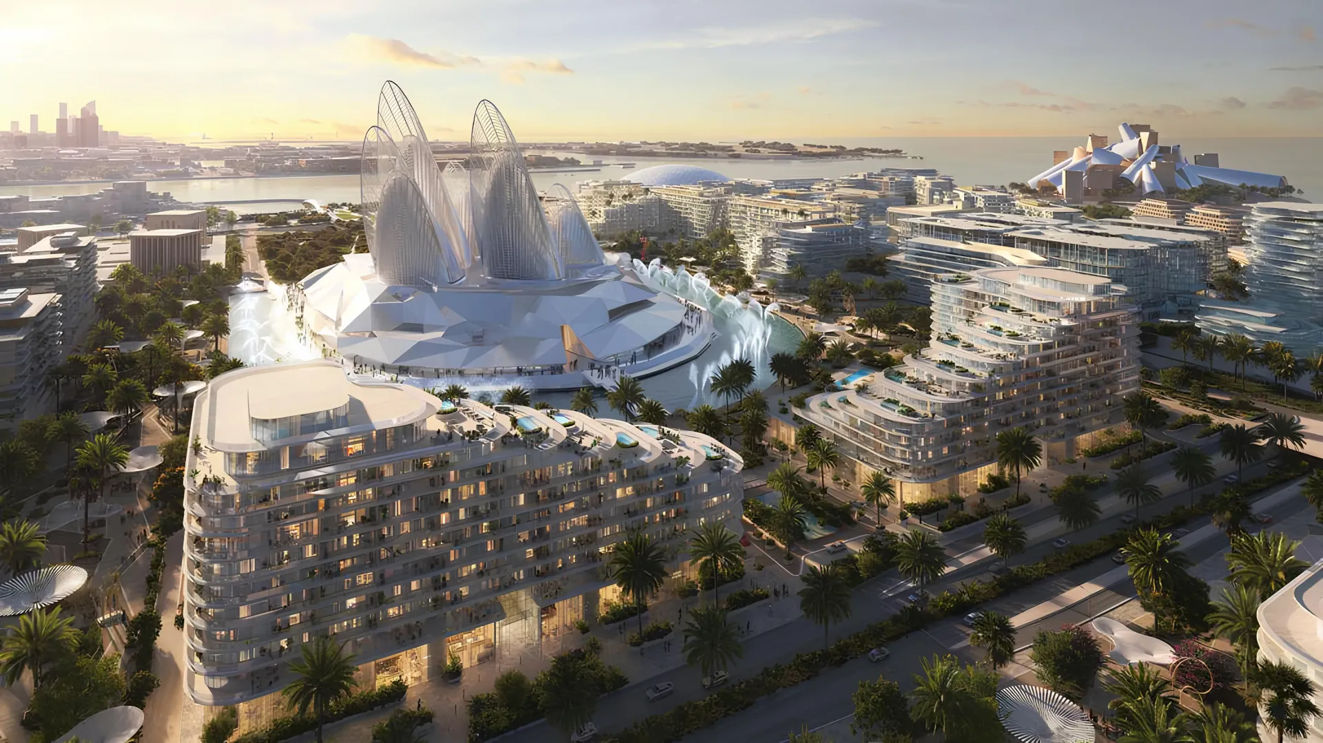 Mandarin Oriental Residences – įėjimas į rezidencijas su stikliniu fasadu ir vingiuotais balkonais