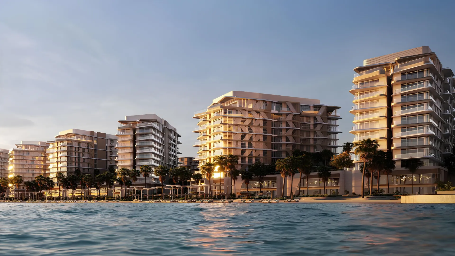 Fahid Beach Residences – gyvenamieji pastatai prie jūros Fahid Island saloje Abu Dabyje saulėlydžio metu