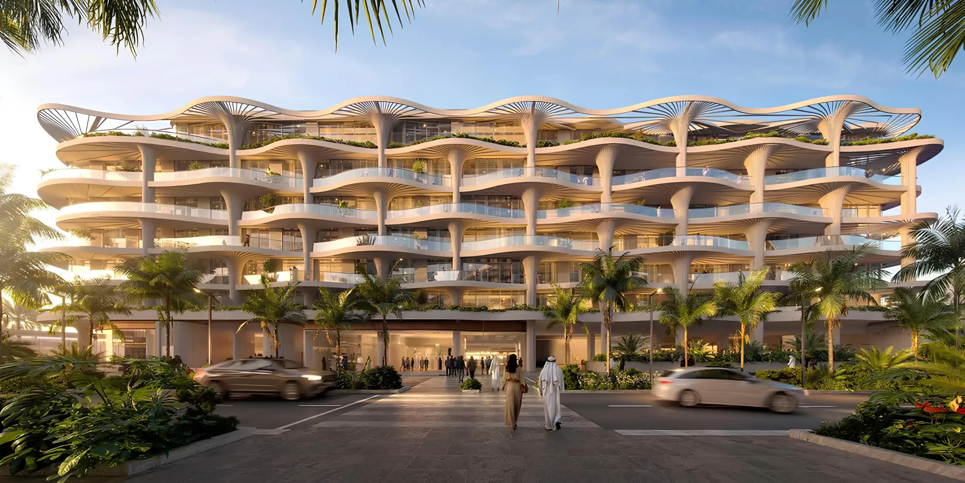 Mamsha Palm – banguotų terasų pastatas su žaliais balkonais Saadiyat Island, Abu Dabyje