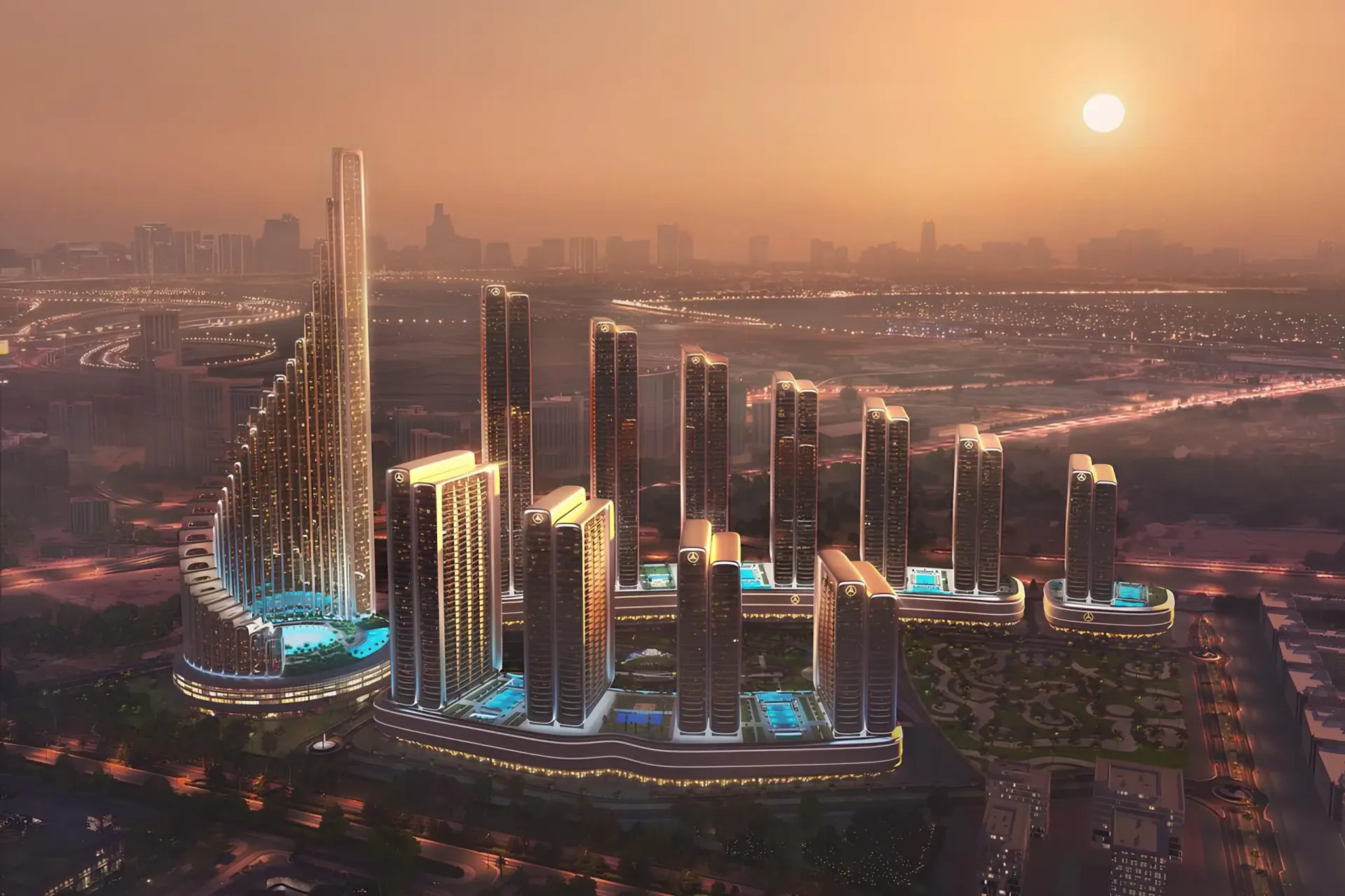 Mercedes-Benz Places – Binghatti City bokštai saulėlydžio metu su Burj Khalifa fone