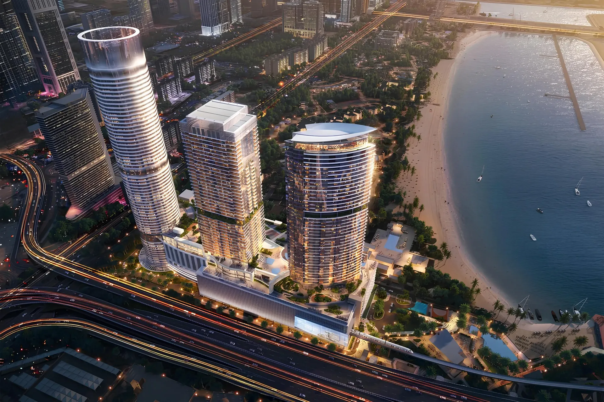 Palm Beach Tower 3 – trys bokštai ant Palm Jumeirah pakrantės iš paukščio skrydžio