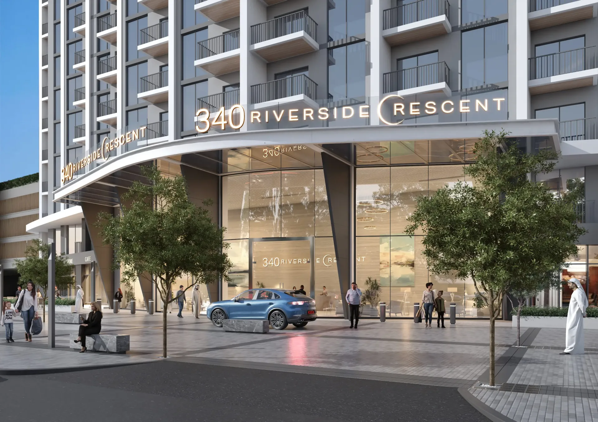 340 Riverside Crescent – bokšto įėjimas su iškaba ir pėsčiaisiais