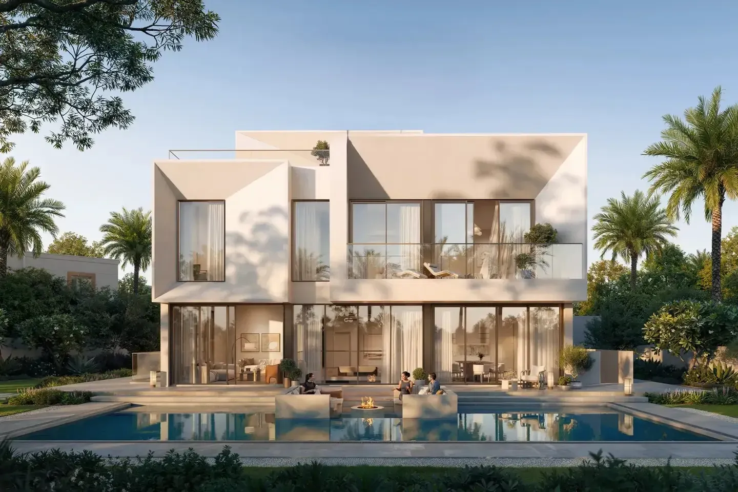 Palace Villas – Ostra New Phase – šiuolaikinė balta vila su baseinu ir palmėmis The Oasis bendruomenėje