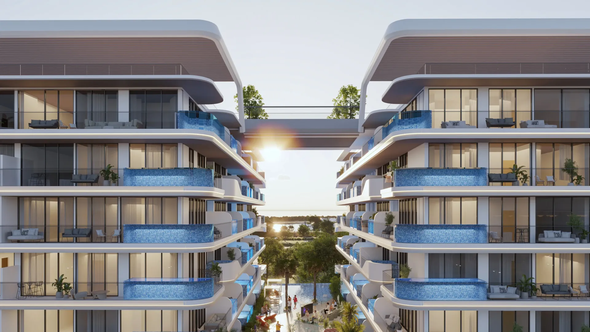 Ocean Pearl – pastatas su mėlynais balkonų baseinėliais Dubai Islands, vaizdas iš viršaus