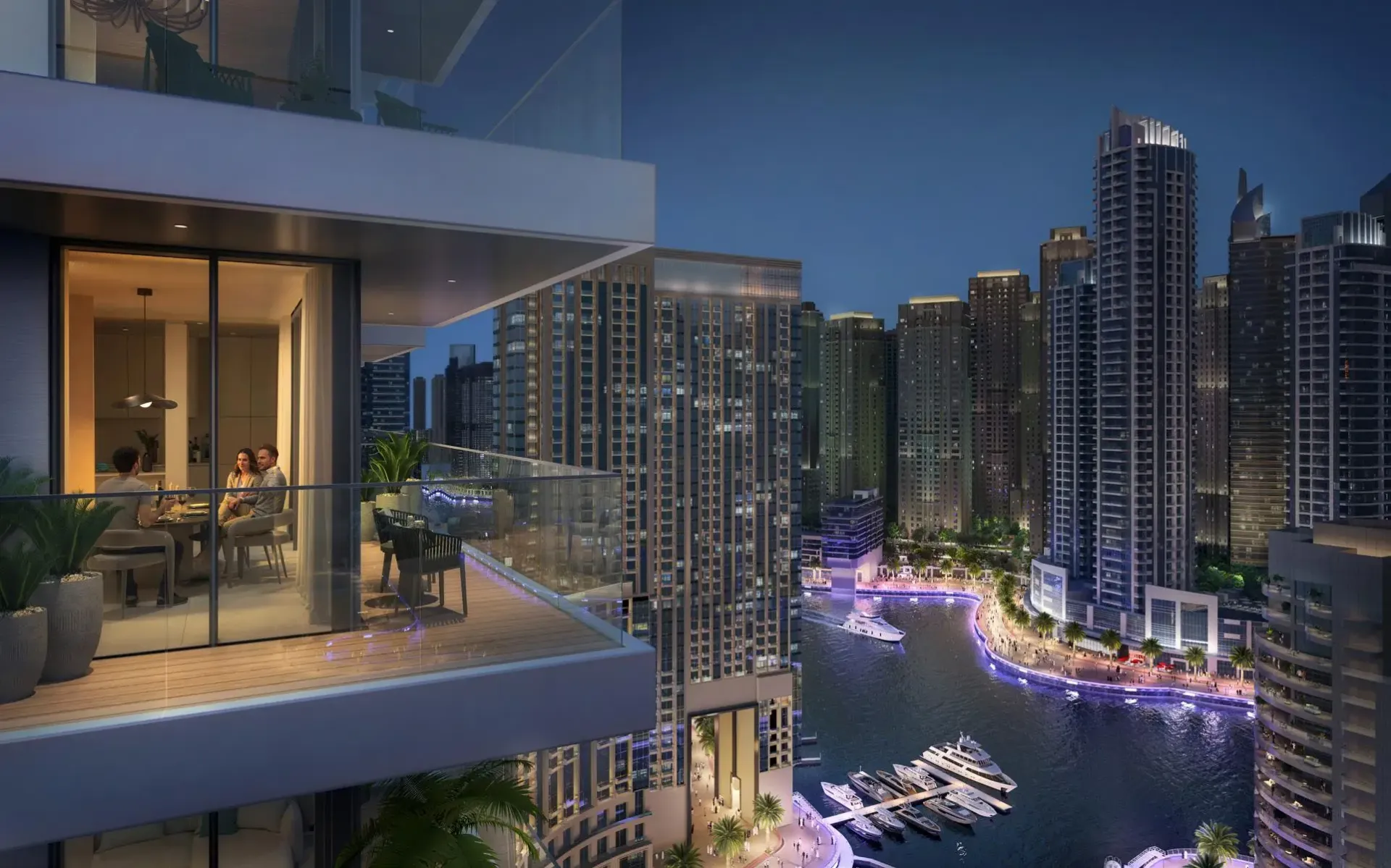 Marina Cove – balkonas su vakarine Dubai Marina panorama ir jachtų uostu