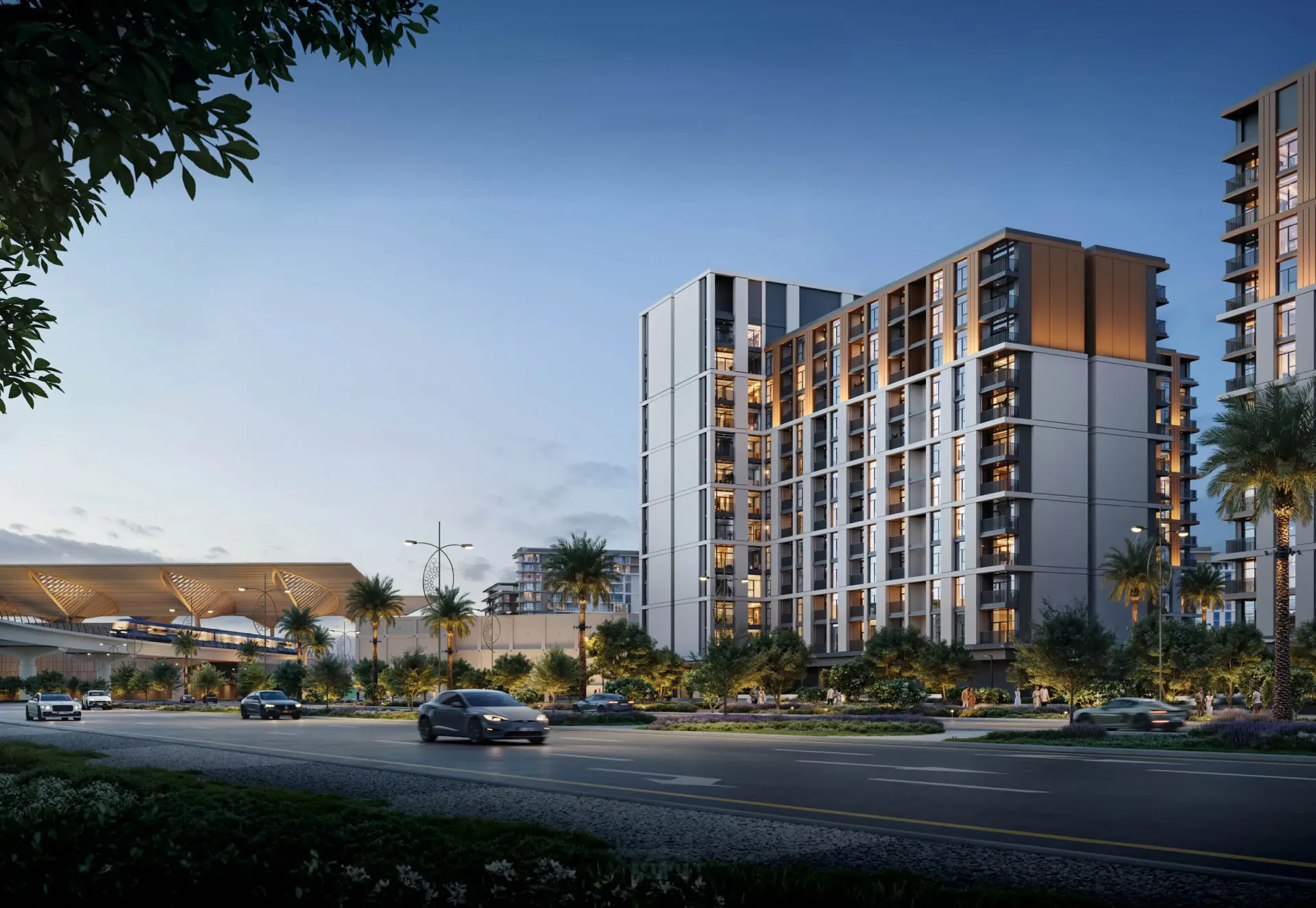 Terra Woods – daugiaaukštis gyvenamasis pastatas Expo City sutemus