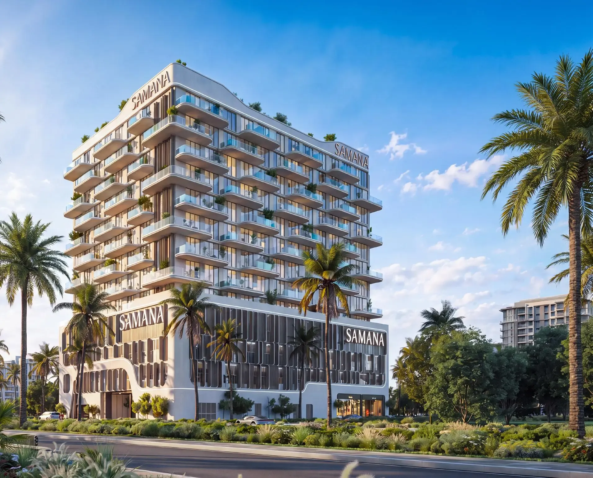 Samana Portside by Samana Developers – daugiaaukštis pastatas su balkonais tarp palmių