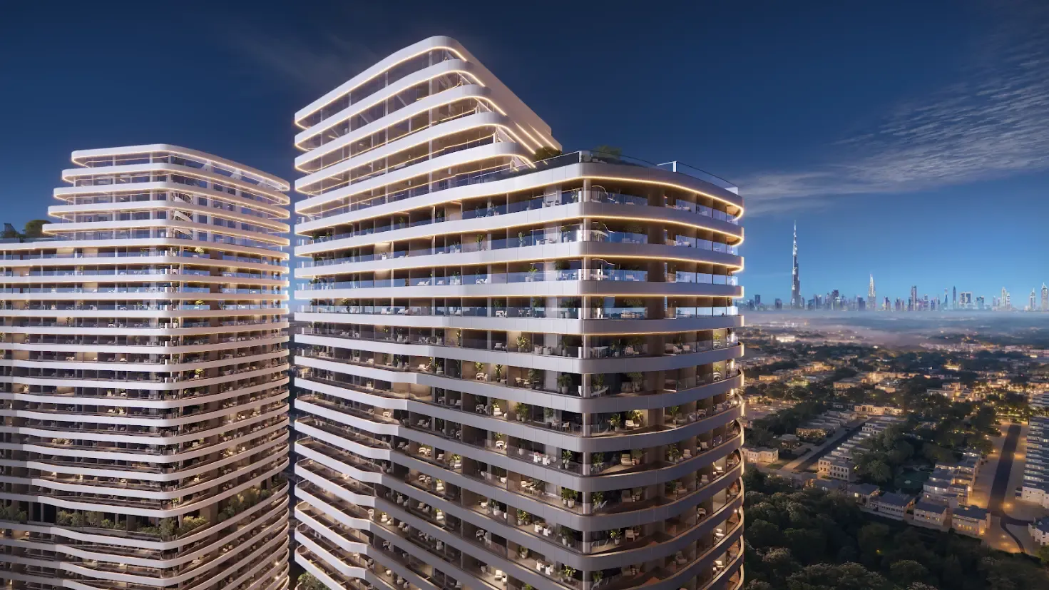 Sky Hills ASTRA – įėjimo zona su fontanais ir želdiniais po lenkta konstrukcija