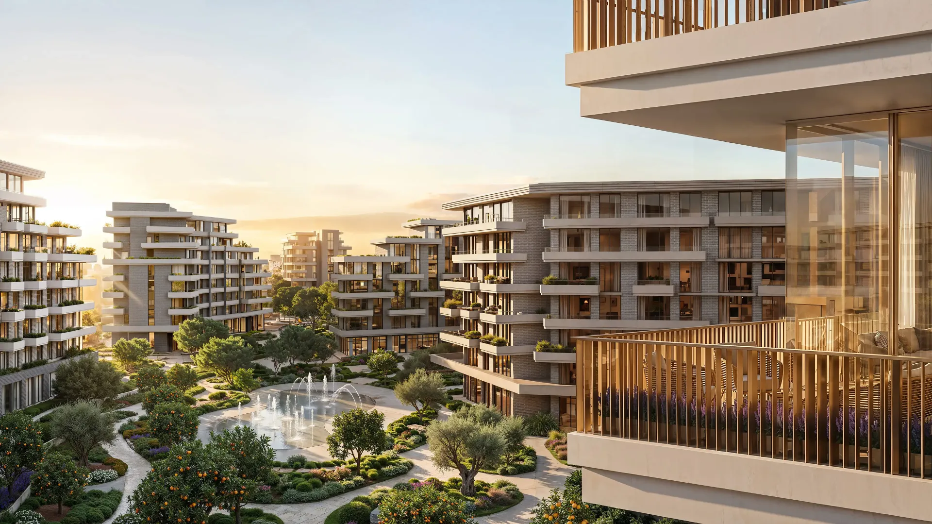 Arancia Yards 1 – žemo užstatymo gyvenamieji pastatai su fontanu ir sodais City of Arabia, Dubajuje