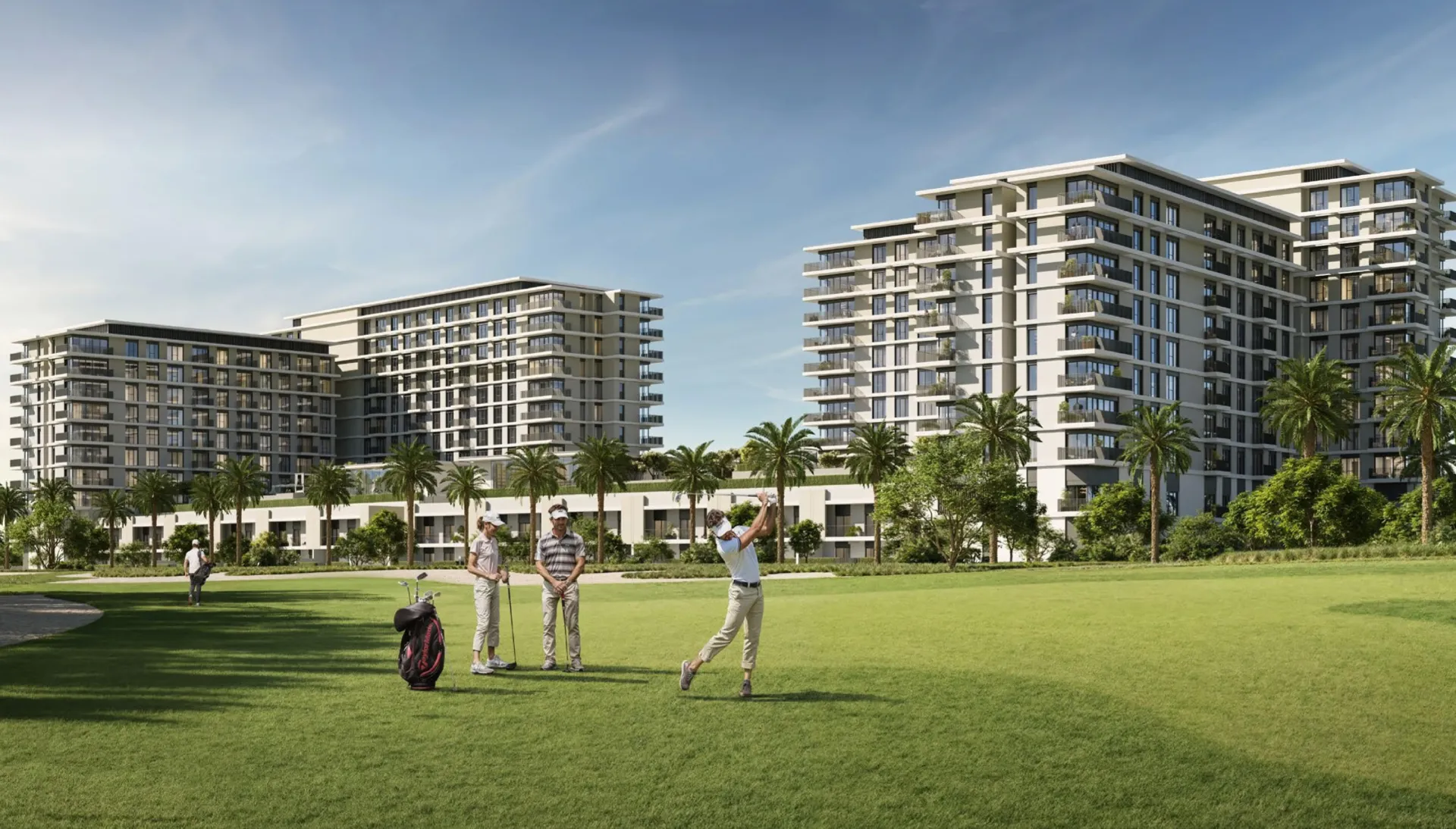 Golf Hills – šviesūs gyvenamieji pastatai prie golfo aikštyno ir žaidėjai