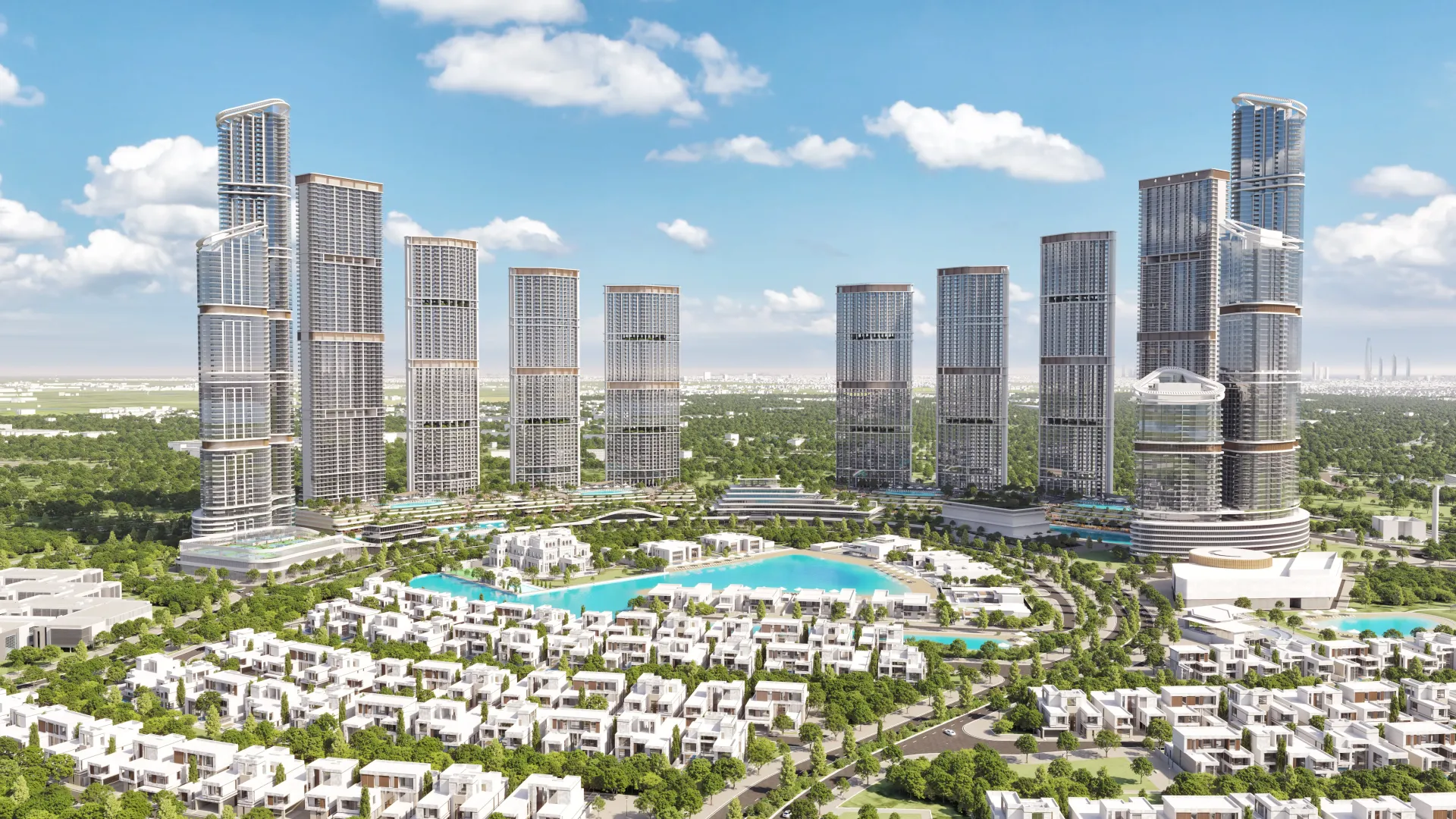 350 Riverside Crescent – aukšti gyvenamieji bokštai su šviesiu fasadu