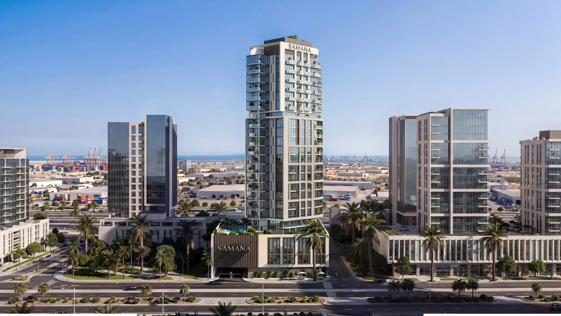 Samana Downtown One – gyvenamasis bokštas su podiumu Downtown Jebel Ali rajone, vaizdas iš viršaus