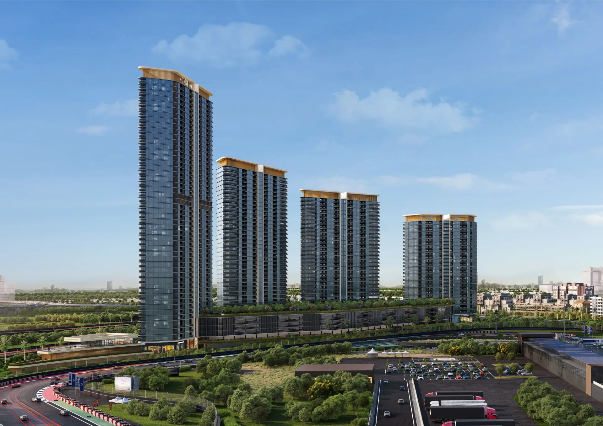 Sobha Solis – aukšti gyvenamieji bokštai Dubai Motor City dienos metu