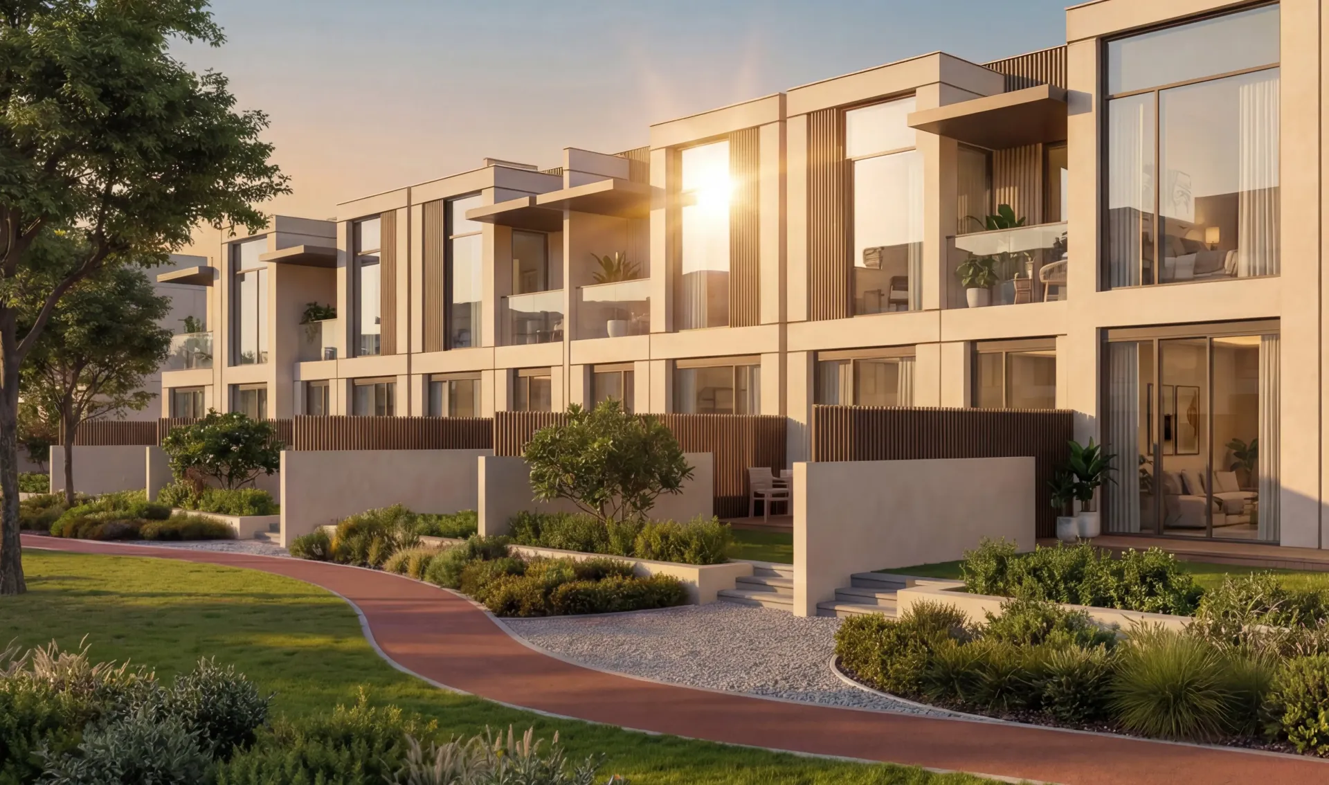 Sobha Sanctuary Phase 1 – townhouse namų eilė saulėlydžio šviesoje su žaliu takeliu