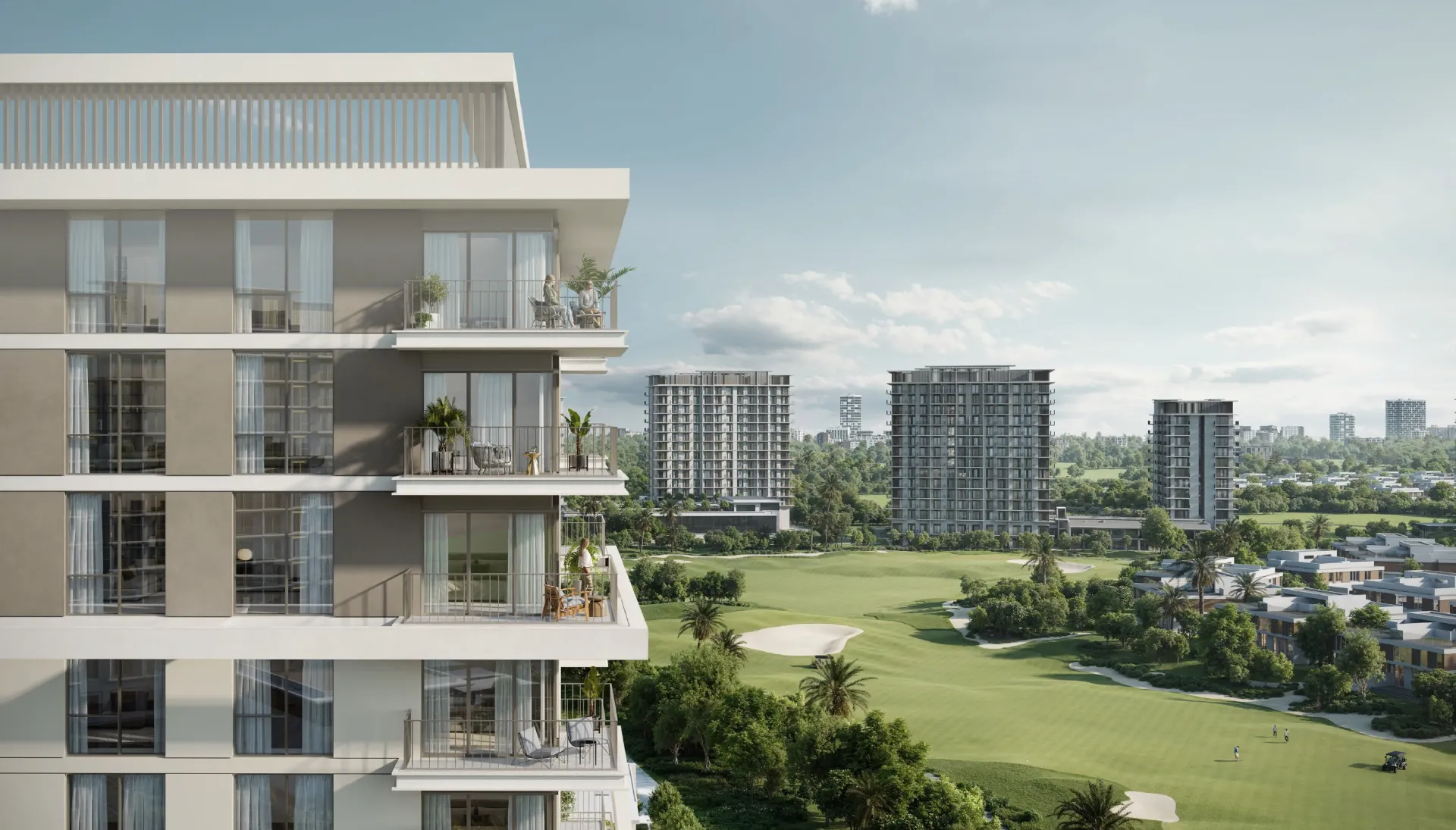 Golf Meadow – pastato balkonai su vaizdu į golfo aikštyną Emaar South