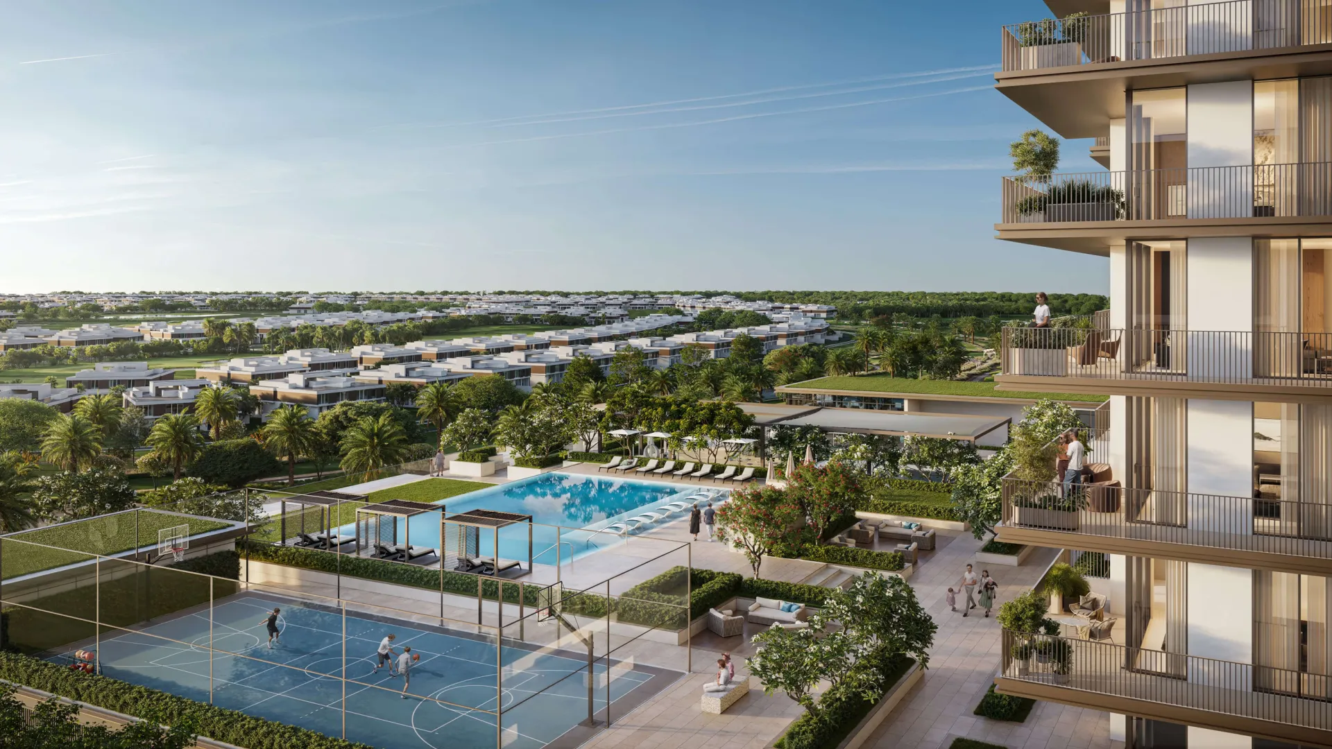 Greencrest – gyvenamasis bokštas Dubai Hills Estate prieblandoje