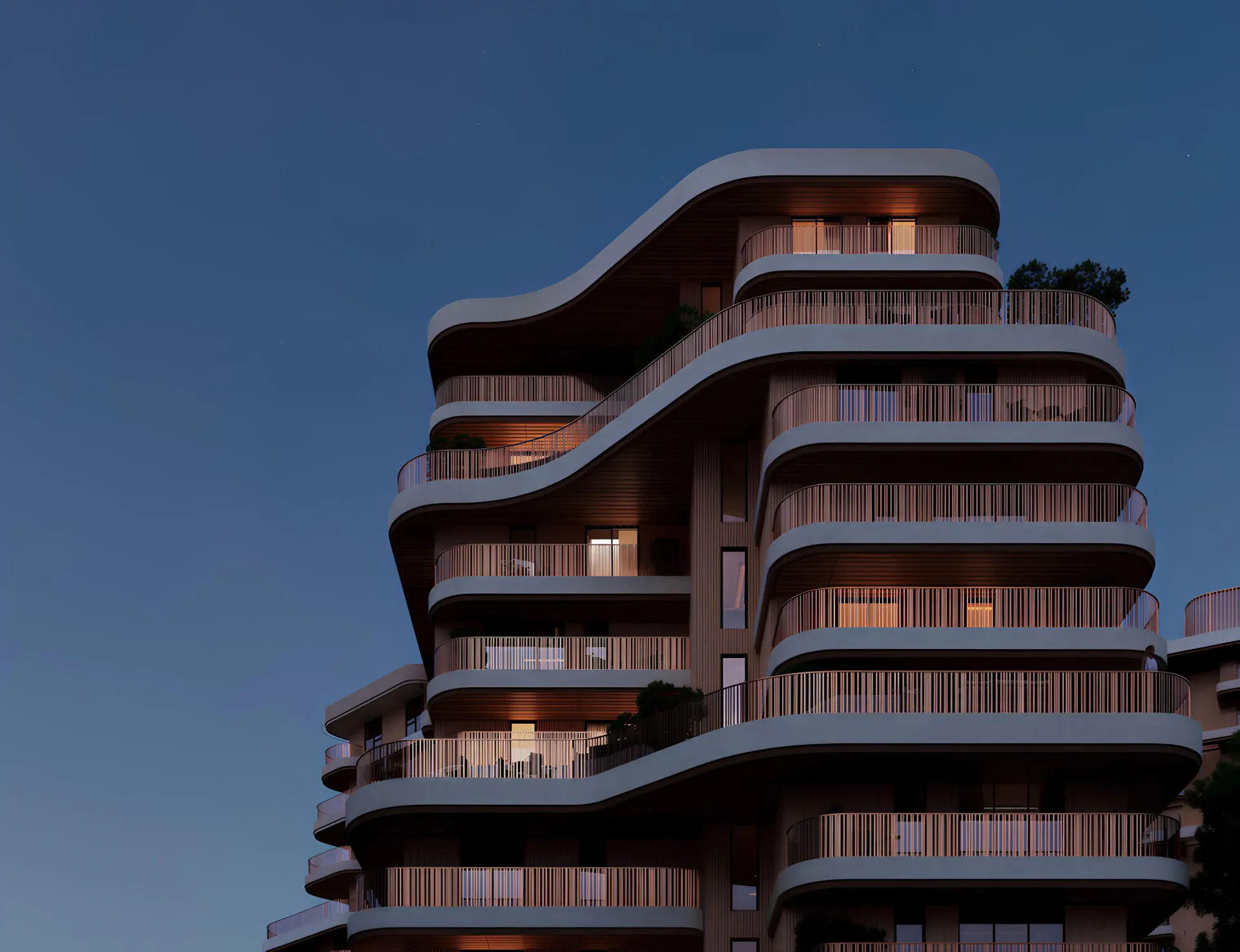 The Wilds Residences – balkonai su mediniais turėklais ir žaluma saulėlydžio šviesoje