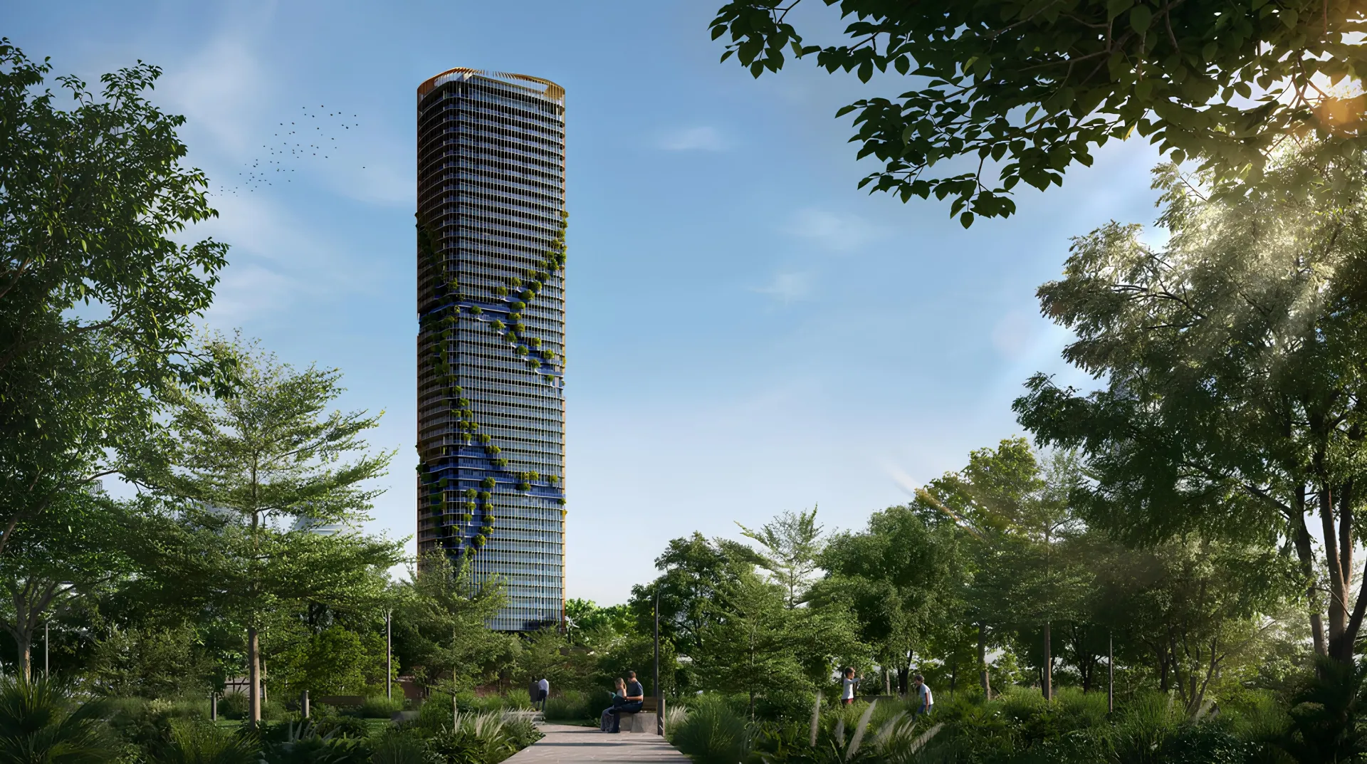 Kanyon – aukštas bokštas su žaliais balkonais ir bronzos spalvos vertikaliais elementais