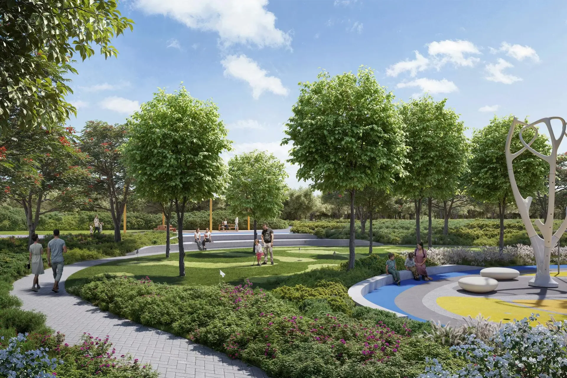 Hillsedge – du gyvenamieji bokštai su baseinu ir žaliais kiemais Dubai Hills