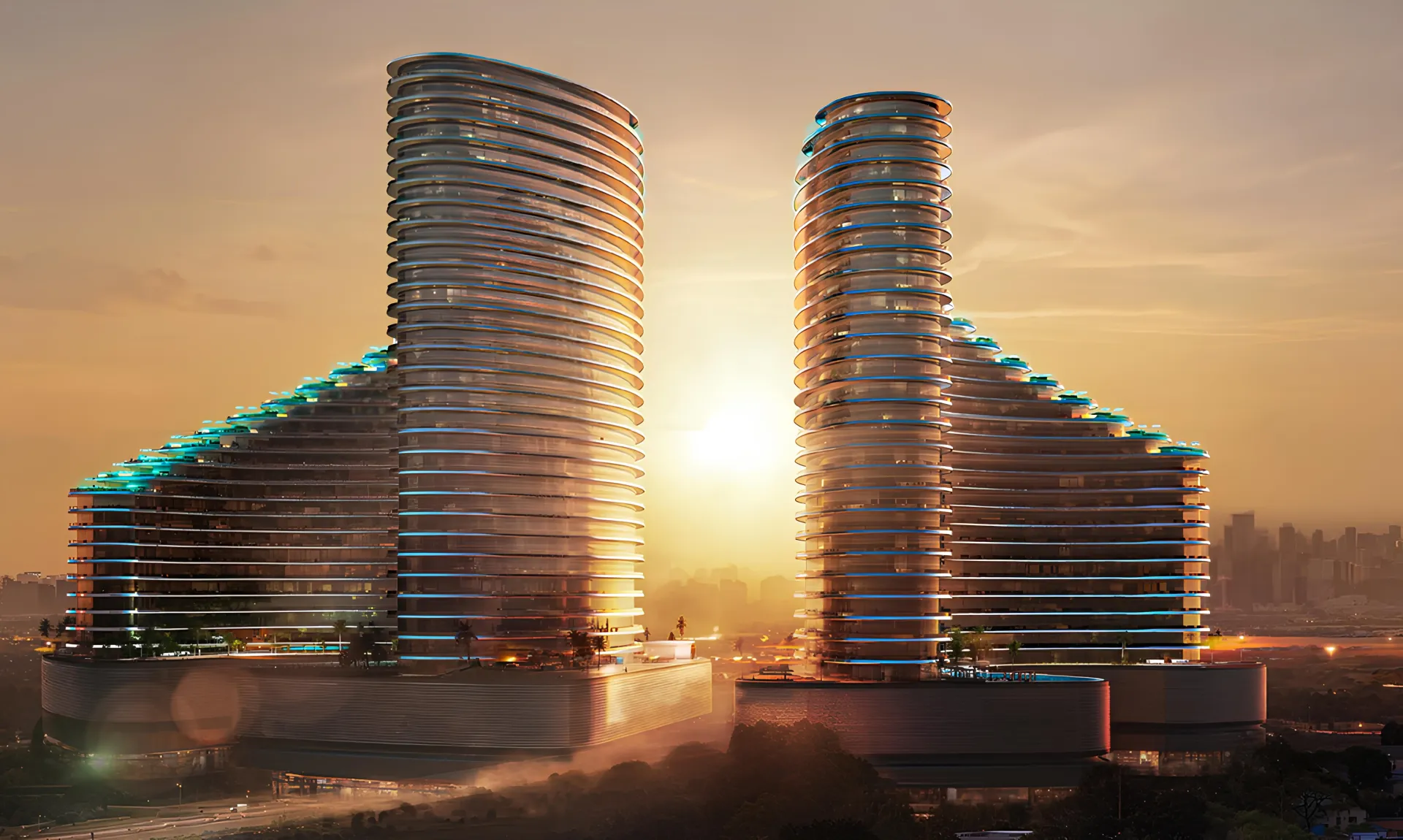 Binghatti Skyflame Tower 1 – du banguoti bokštai saulėlydžio metu
