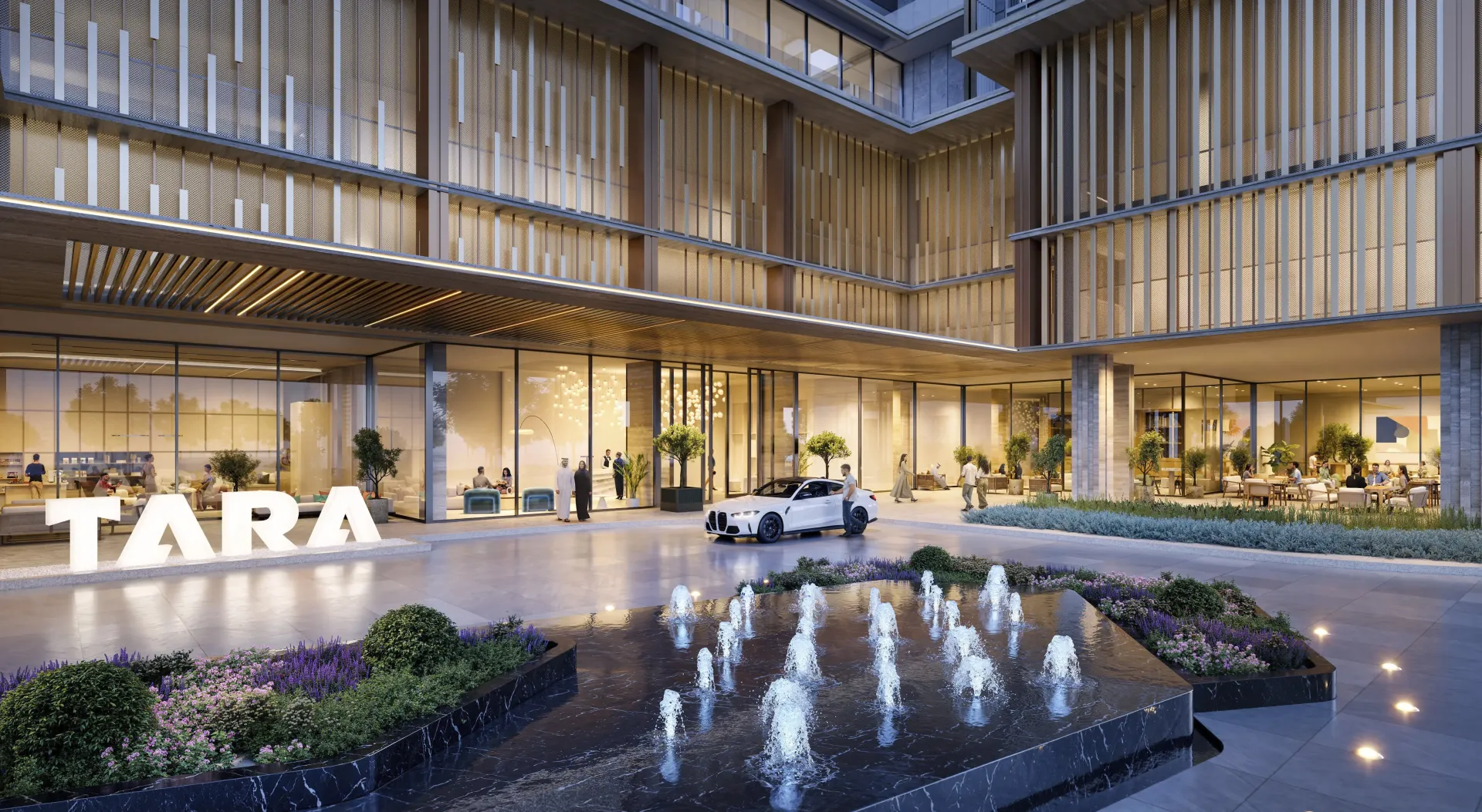 Tara Park by Modon – įėjimo zona su fontanais ir projekto pavadinimu Reem Island, Abu Dabyje