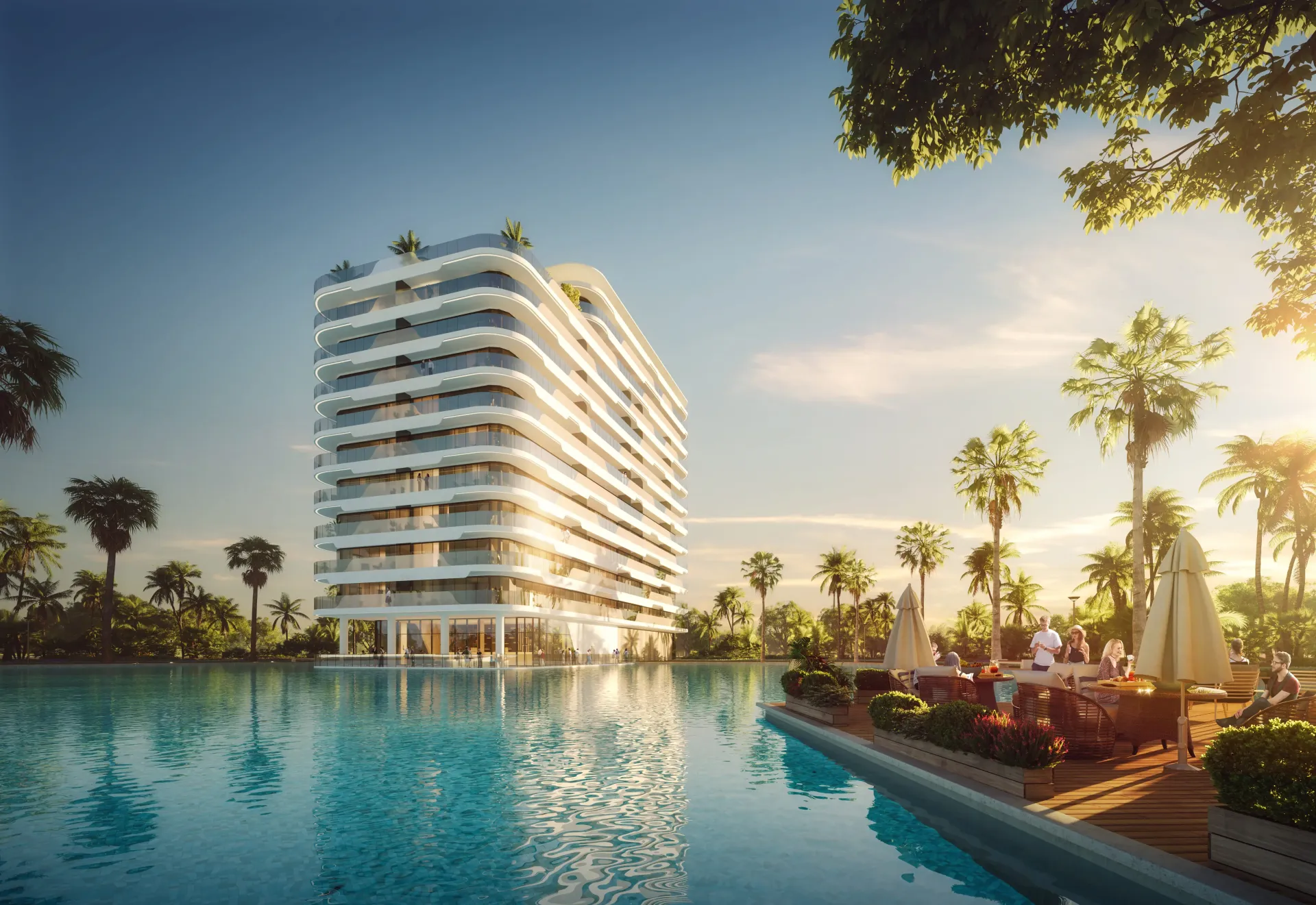 Azizi Venice – pastatas šalia lagūnos baseino saulėlydžio metu