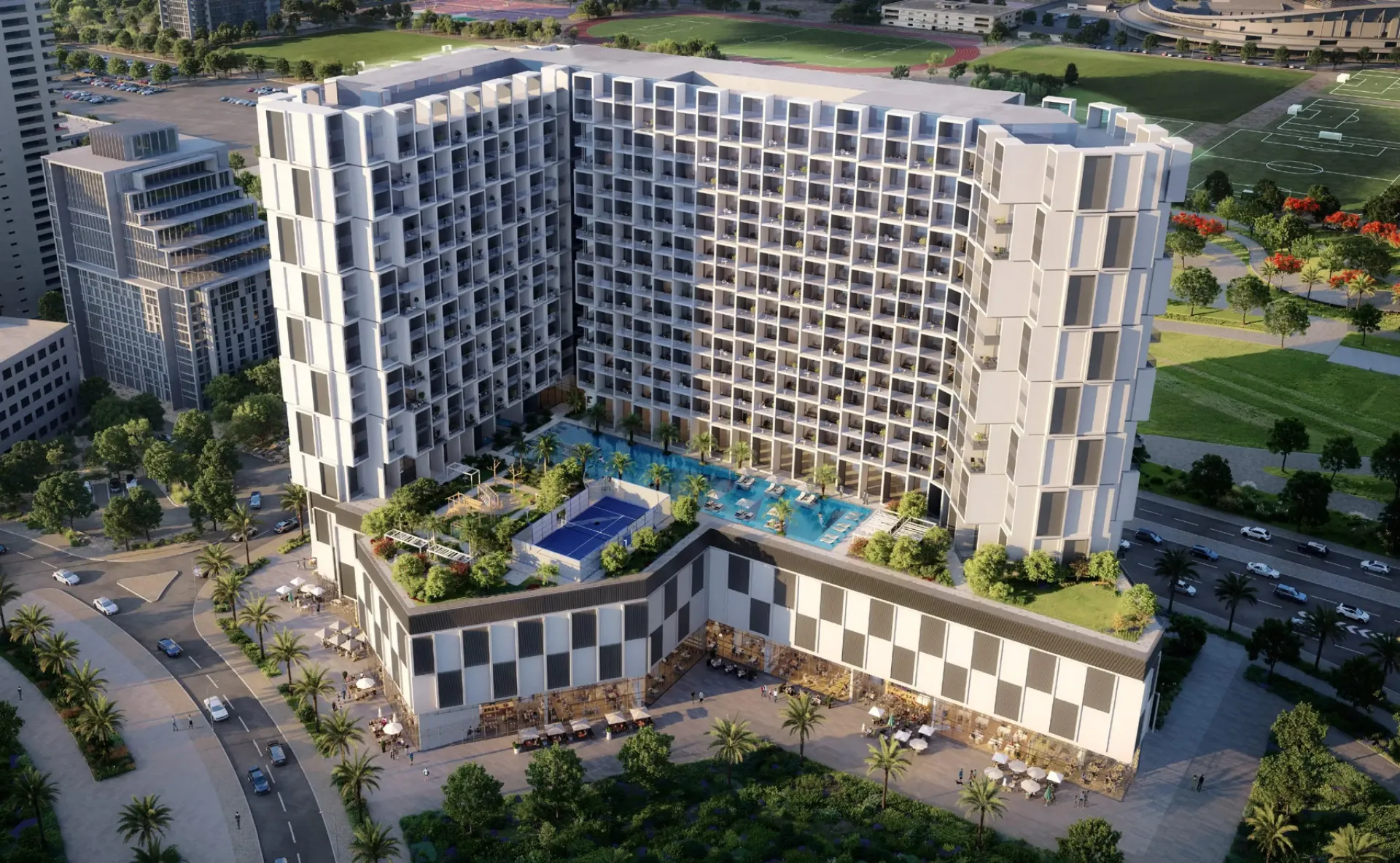 Binghatti Cullinan – gyvenamasis pastatas su geometriniu fasadu ir baseinu kieme