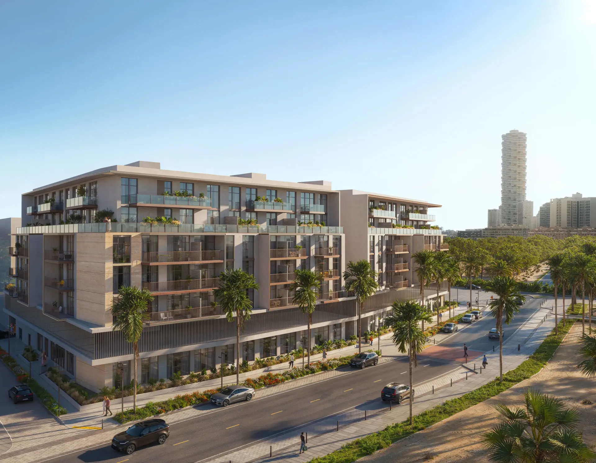 IR1DIAN PARK – penkių aukštų gyvenamasis pastatas su palmėmis Jumeirah Village Circle
