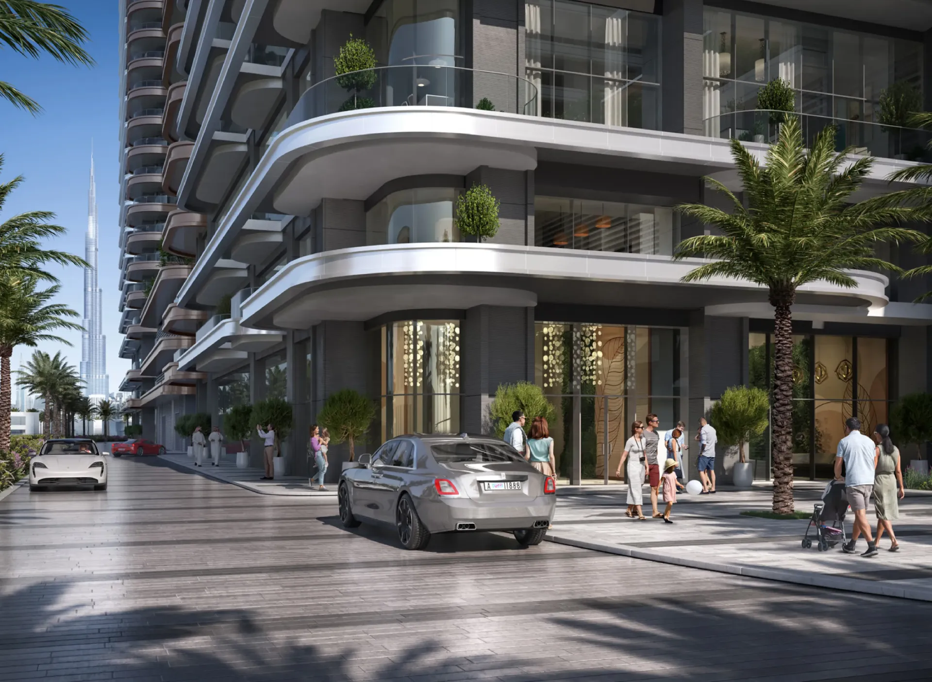 Address Residences Zabeel – gyvenamojo bokšto fasadas ir gatvė su Burj Khalifa fone