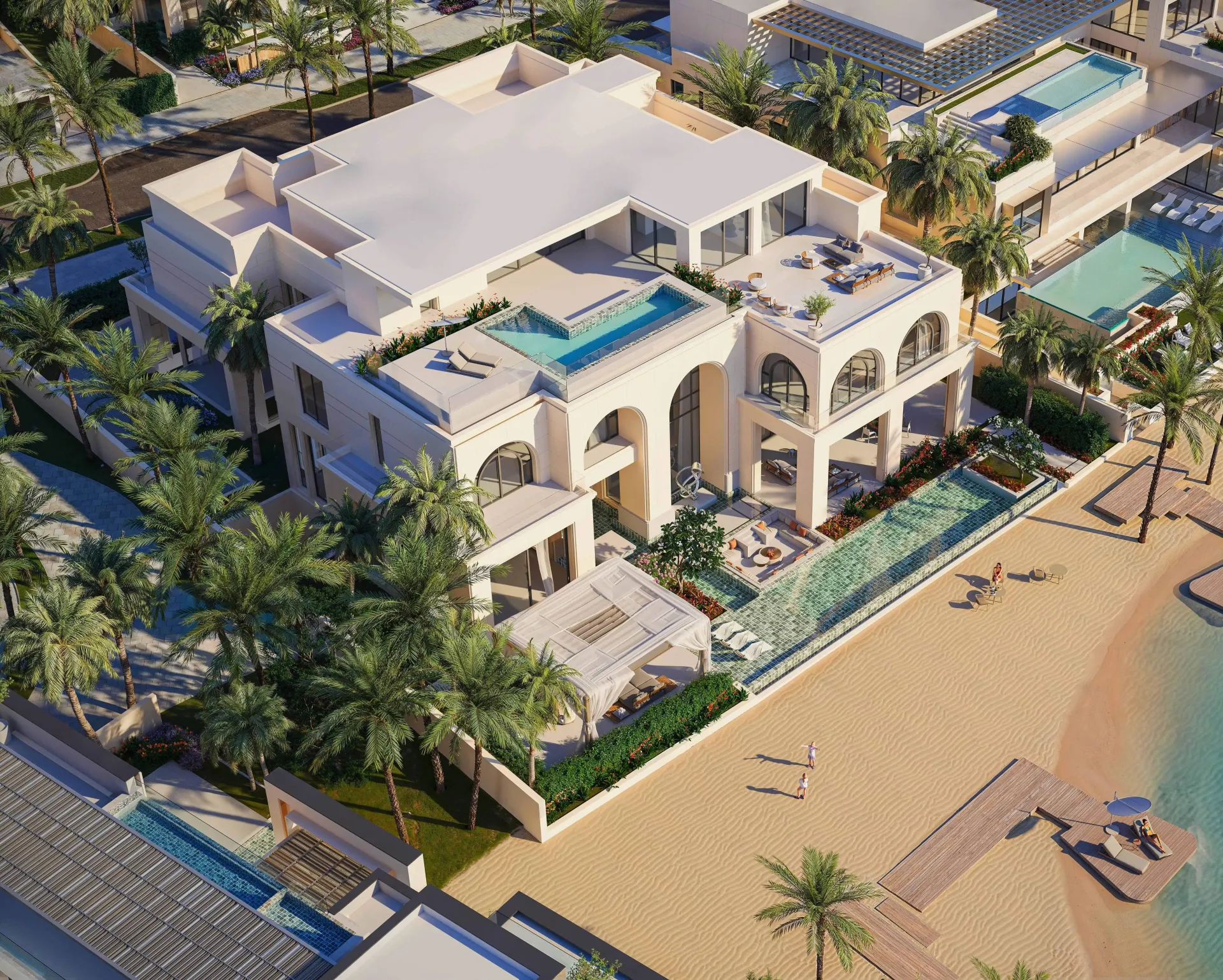 Monaco Mansions – balta prabangi vila su baseinais ir terasomis prie paplūdimio