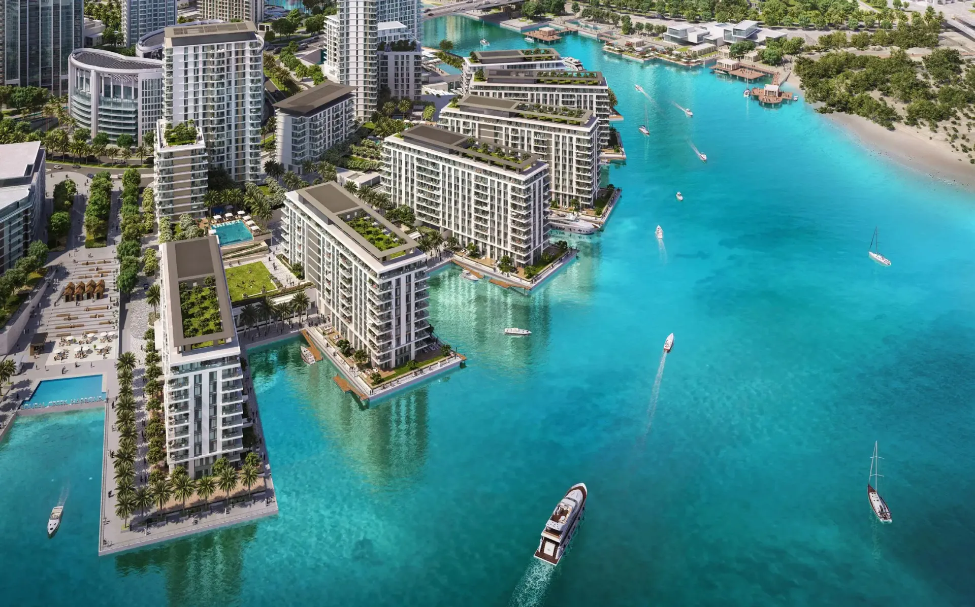 The Cove 2 by Emaar – gyvenamieji pastatai prie vandens Dubai Creek Harbour iš paukščio skrydžio