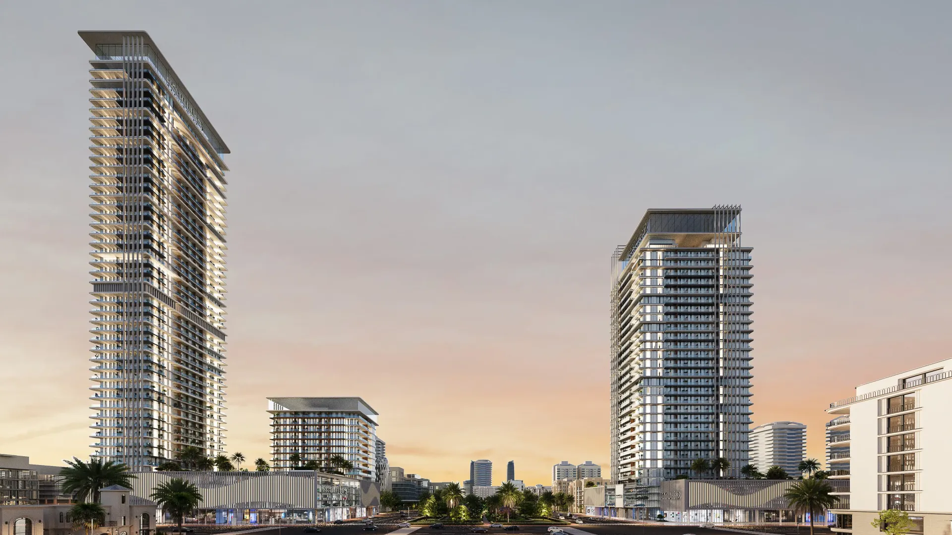 Skyhills Residences 3 by HRE Development – du bokštai Jumeirah Village Circle saulėlydžio metu