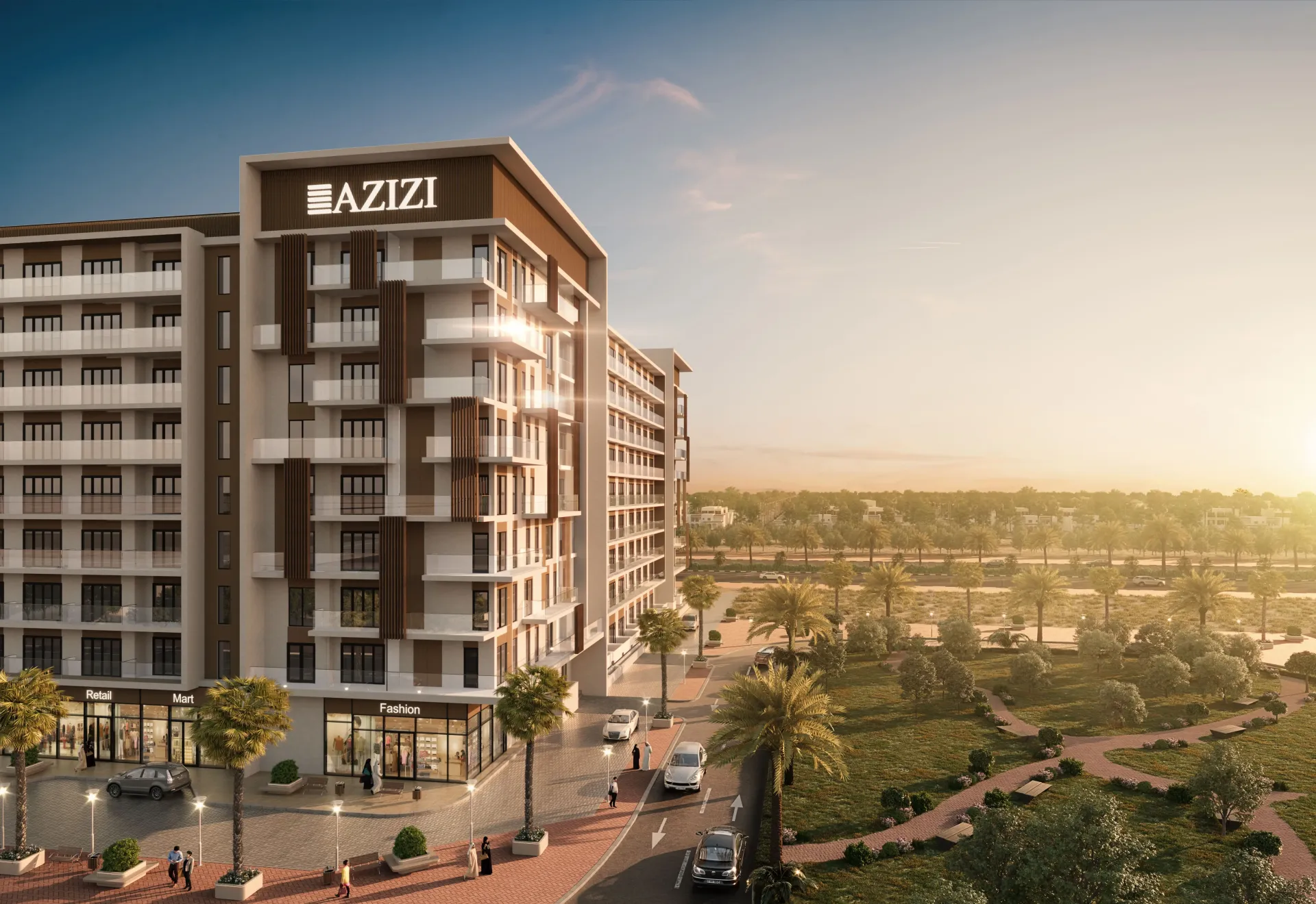 Beach Oasis 2 Tower A – Azizi pastatas saulėlydžio šviesoje Dubai Studio City