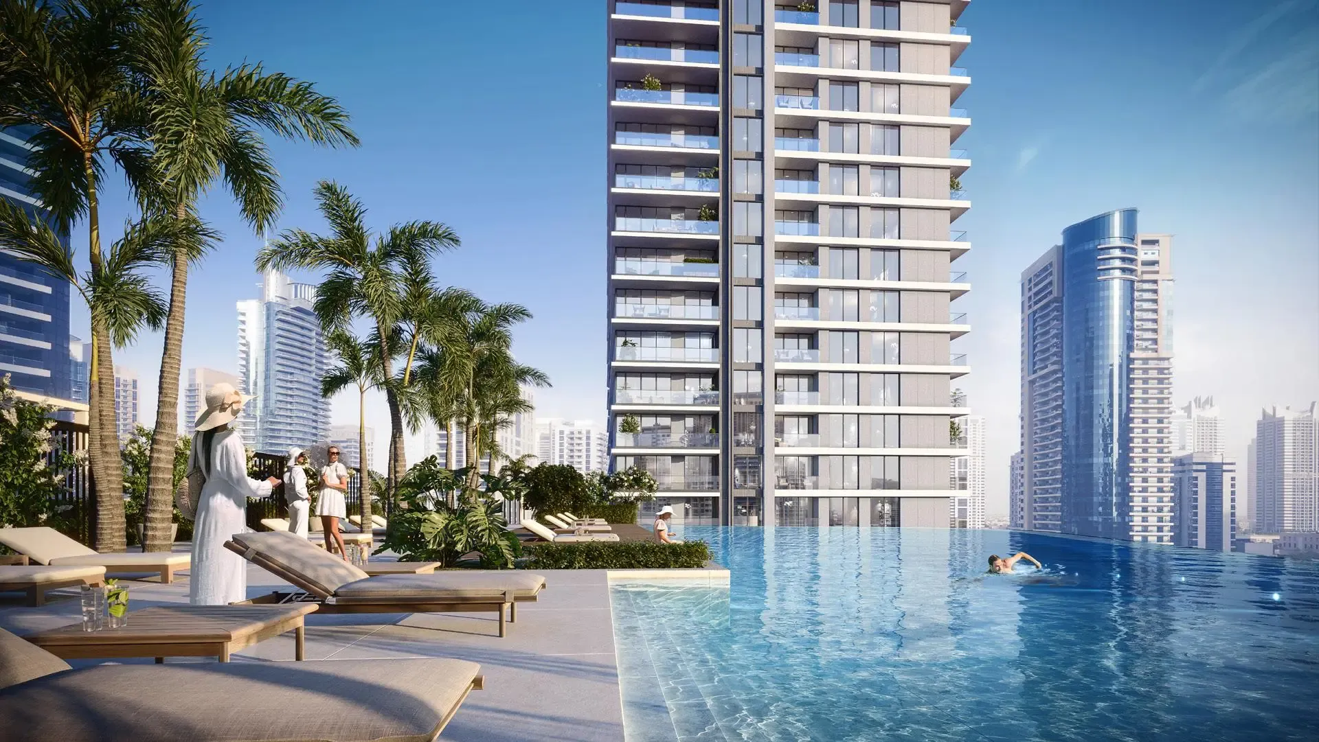 Marina Shores – aukštas bokštas prie marinos kanalo sutemus
